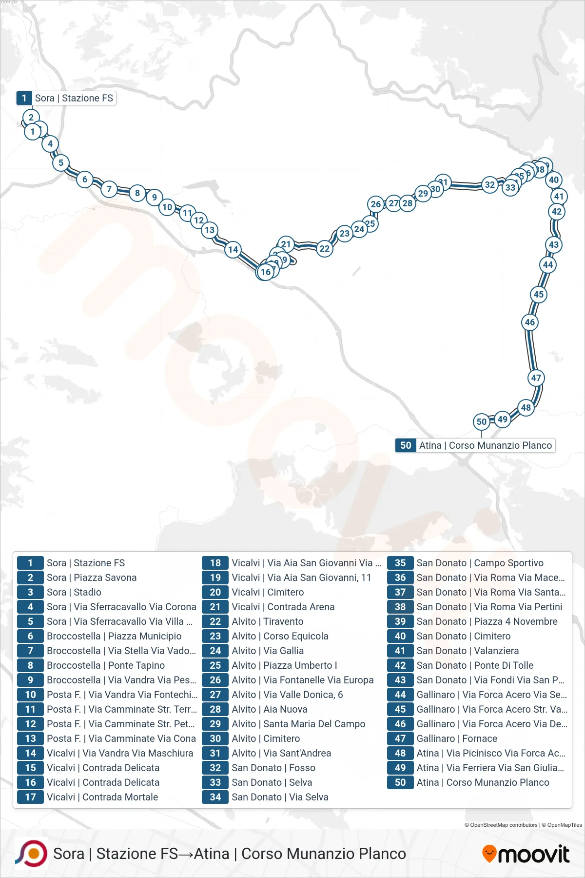 Linea COTRAL bus (Sora | Stazione FS→Atina | Corso Munanzio Planco) - Percorsi e fermate sulla mappa