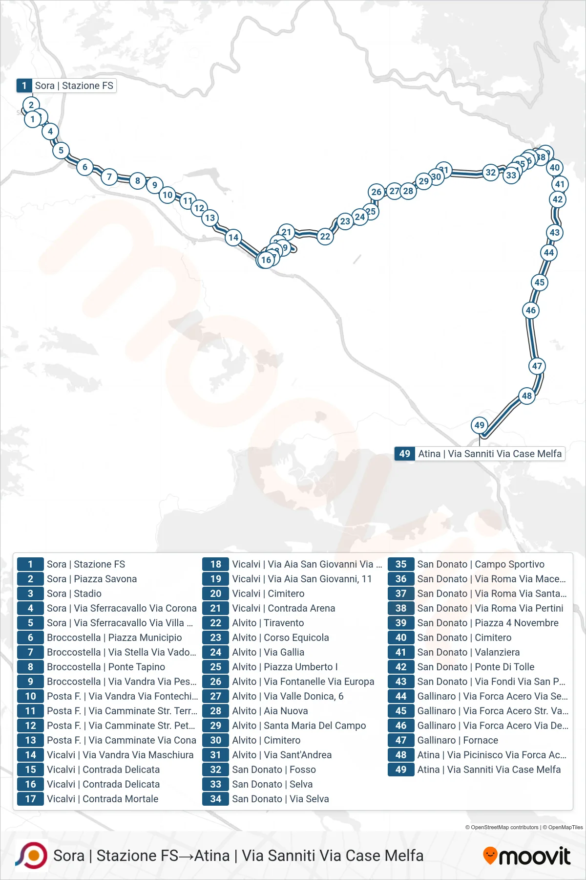 Linea COTRAL bus (Sora | Stazione FS→Atina | Via Sanniti Via Case Melfa) - Percorsi e fermate sulla mappa