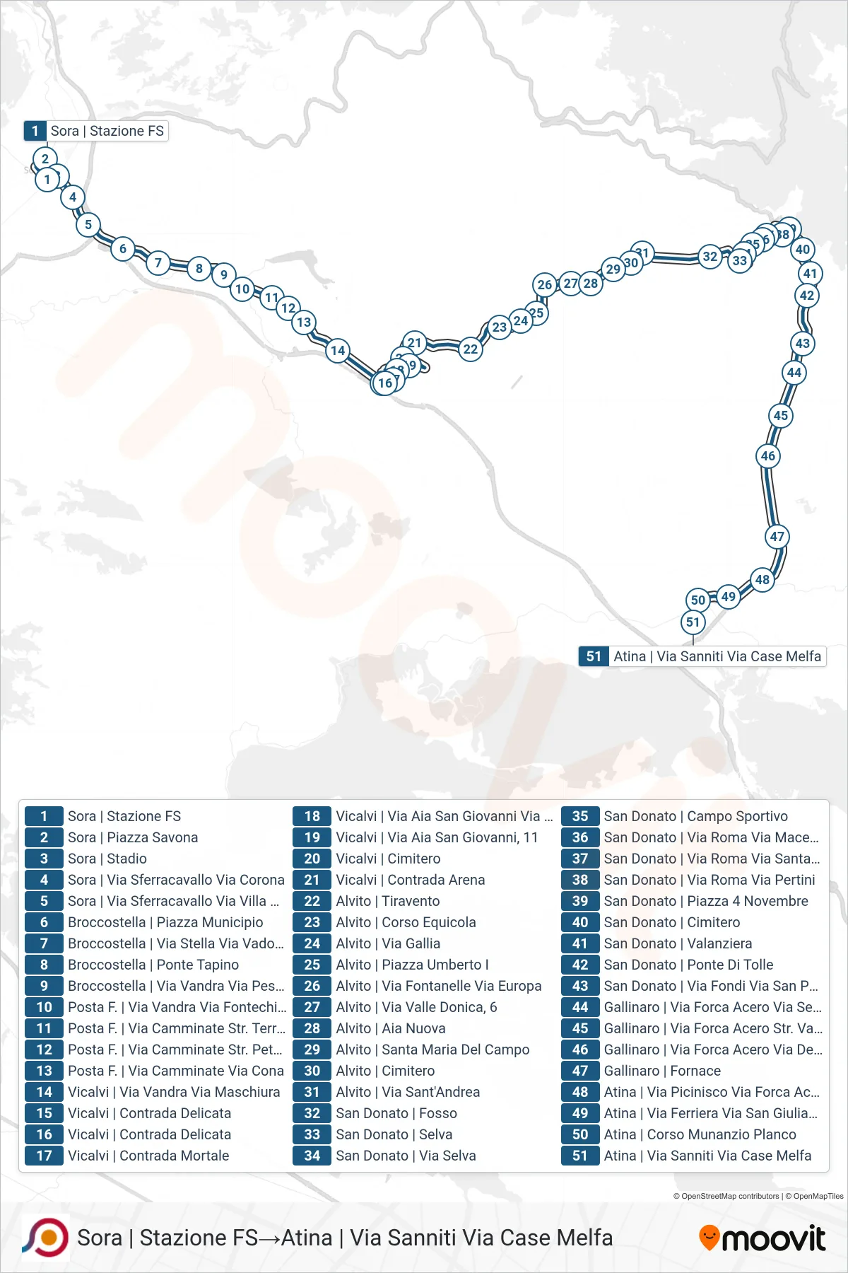 Linea COTRAL bus (Sora | Stazione FS→Atina | Via Sanniti Via Case Melfa) - Percorsi e fermate sulla mappa