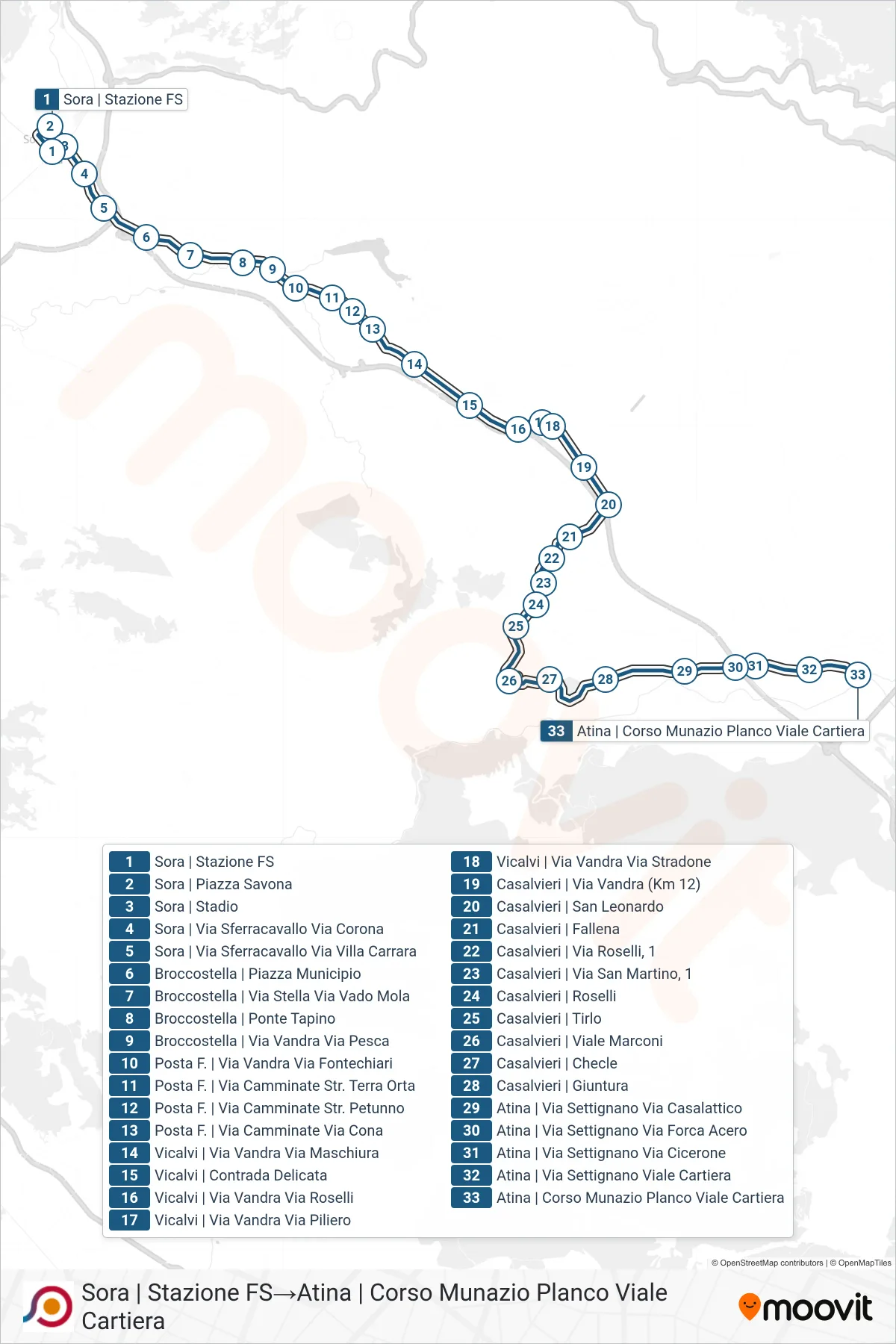 Linea COTRAL  bus (Sora | Stazione FS‎→Atina | Corso Munazio Planco Viale Cartiera) - Percorsi e fermate sulla mappa