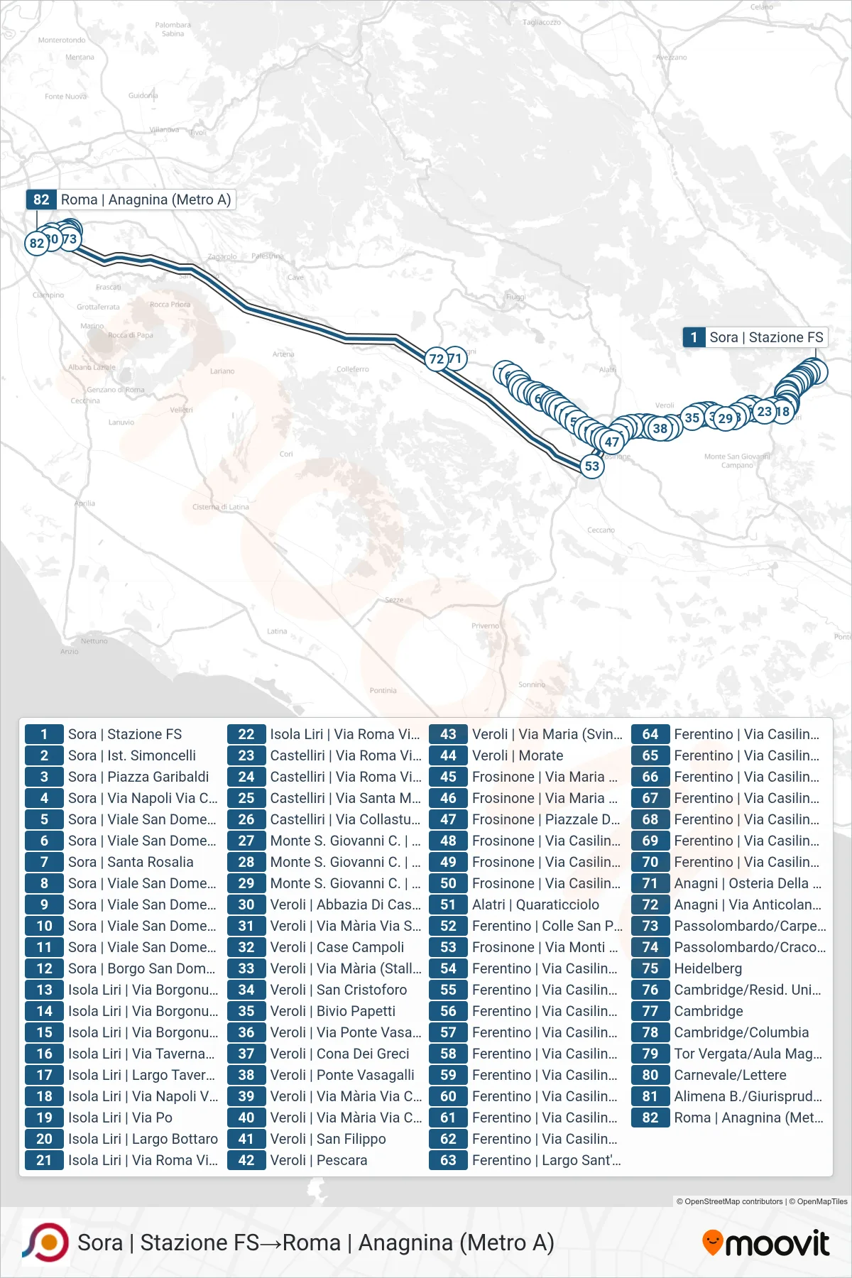 Linea COTRAL bus (Sora | Stazione FS→Roma | Anagnina (Metro A)) - Percorsi e fermate sulla mappa