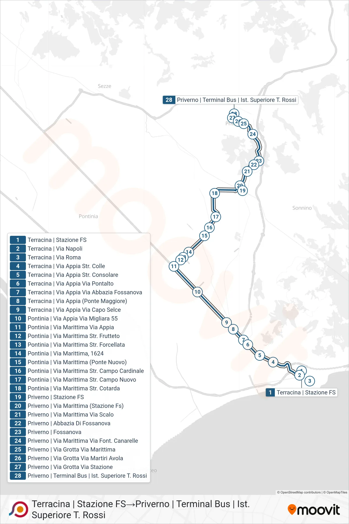 Linea COTRAL bus (Terracina | Stazione FS→Priverno | Terminal Bus | Ist. Superiore T. Rossi) - Percorsi e fermate sulla mappa