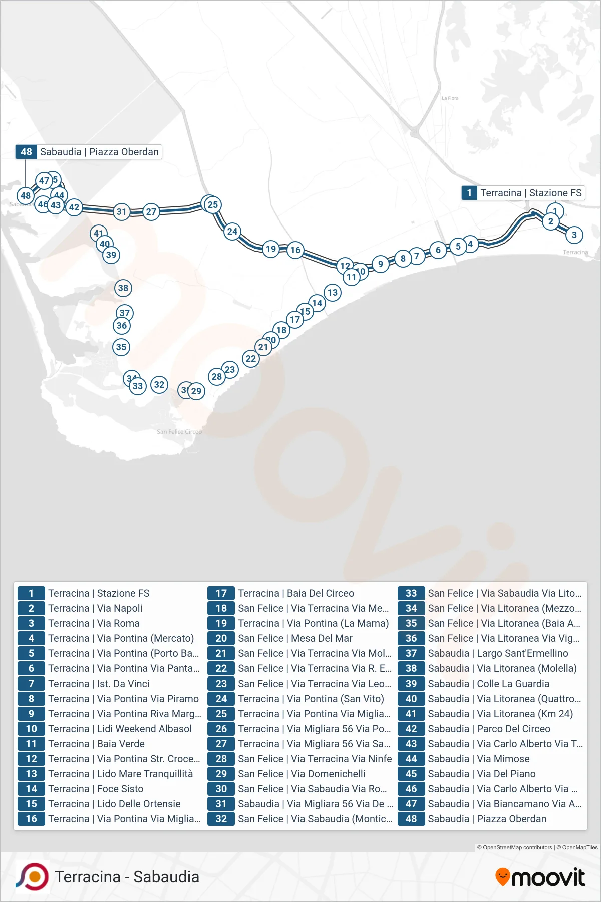 Linea COTRAL bus (Terracina | Stazione FS→Sabaudia | Piazza Oberdan) - Percorsi e fermate sulla mappa