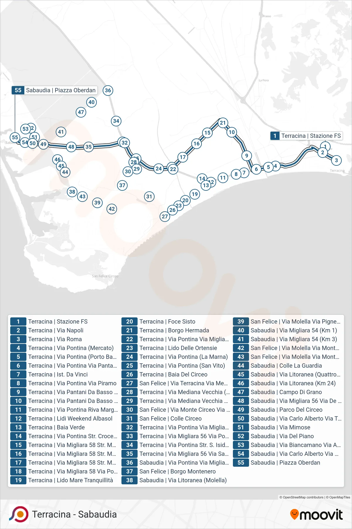 Linea COTRAL  bus (Terracina | Stazione FS‎→Sabaudia | Piazza Oberdan) - Percorsi e fermate sulla mappa