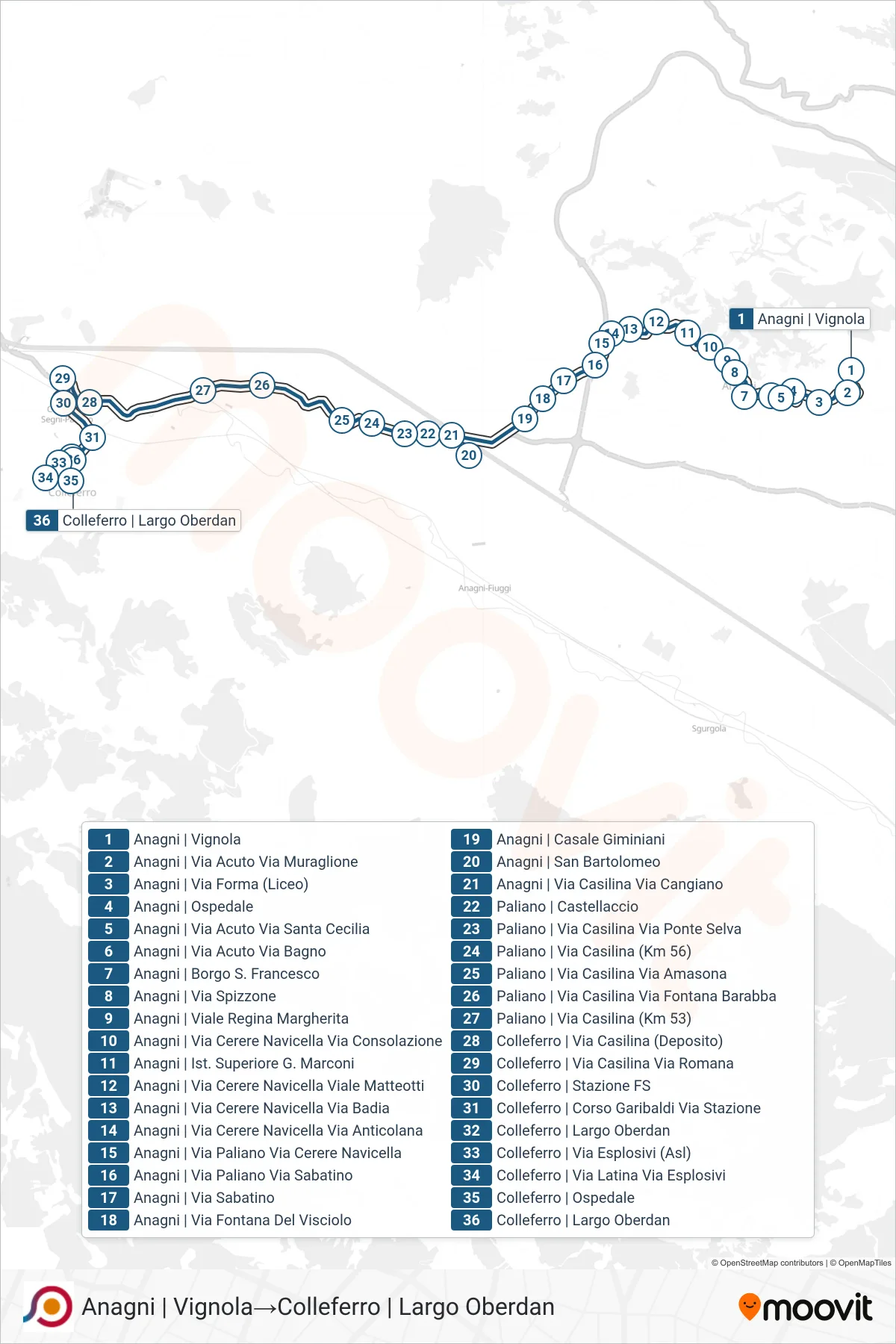 Linea COTRAL bus (Anagni | Vignola→Colleferro | Largo Oberdan) - Percorsi e fermate sulla mappa