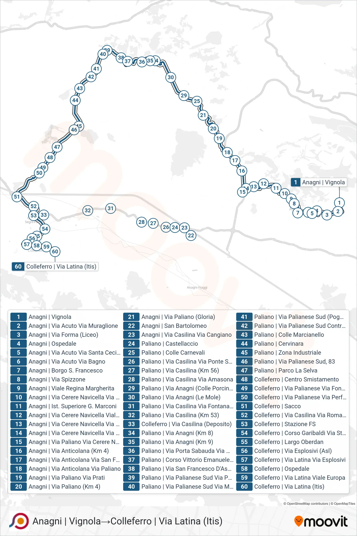 COTRAL bus Line (Anagni | Vignola→Colleferro via Via Latina (ITIS)) route and stops on a map