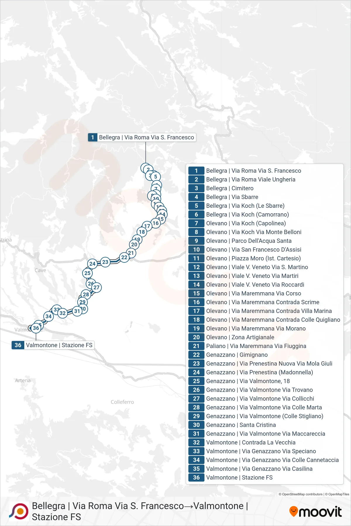 Linea COTRAL bus (Bellegra | Via Roma Via S. Francesco→Valmontone | Stazione FS) - Percorsi e fermate sulla mappa