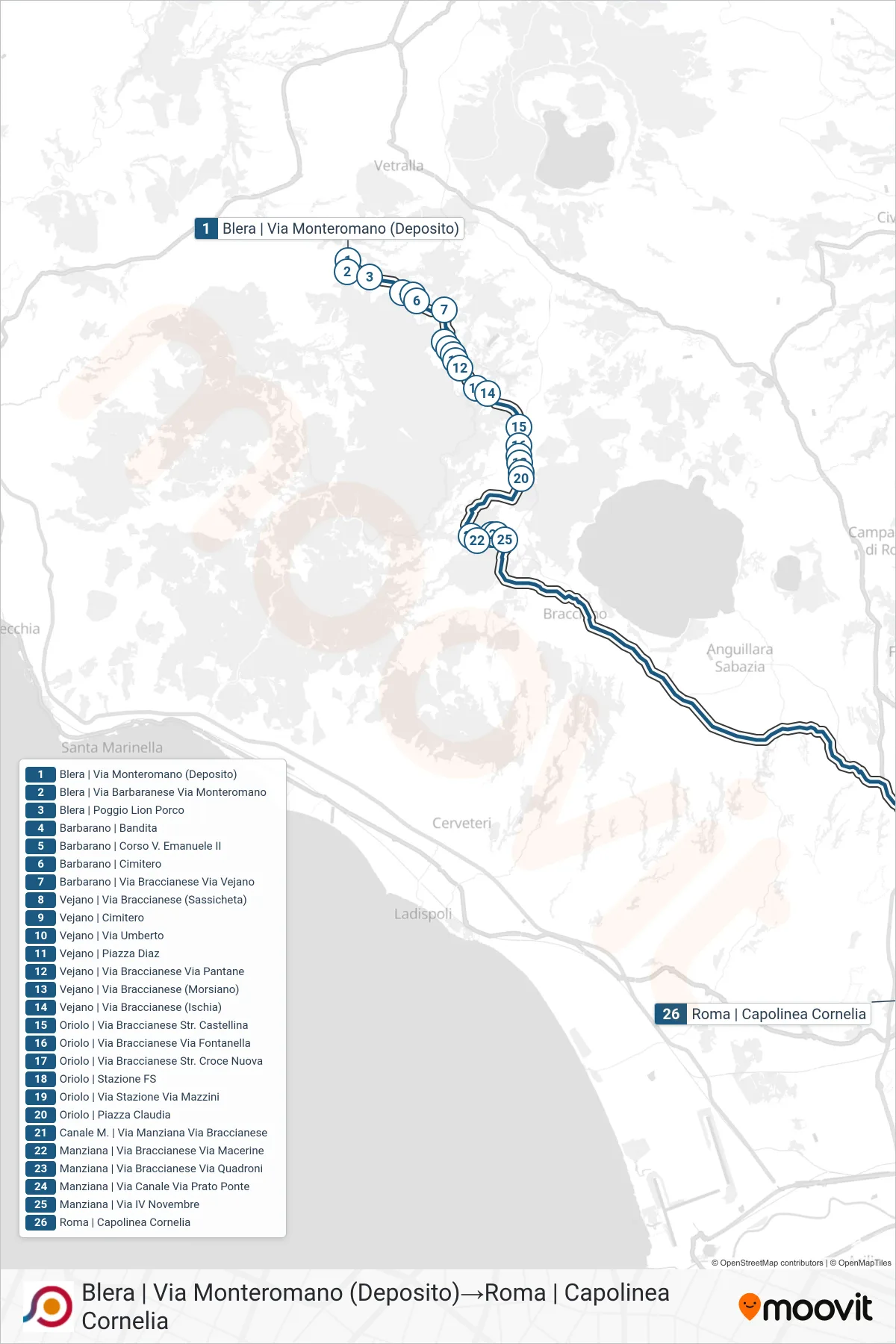 Linea COTRAL bus (Blera | Via Monteromano (Deposito)→Roma | Capolinea Cornelia) - Percorsi e fermate sulla mappa