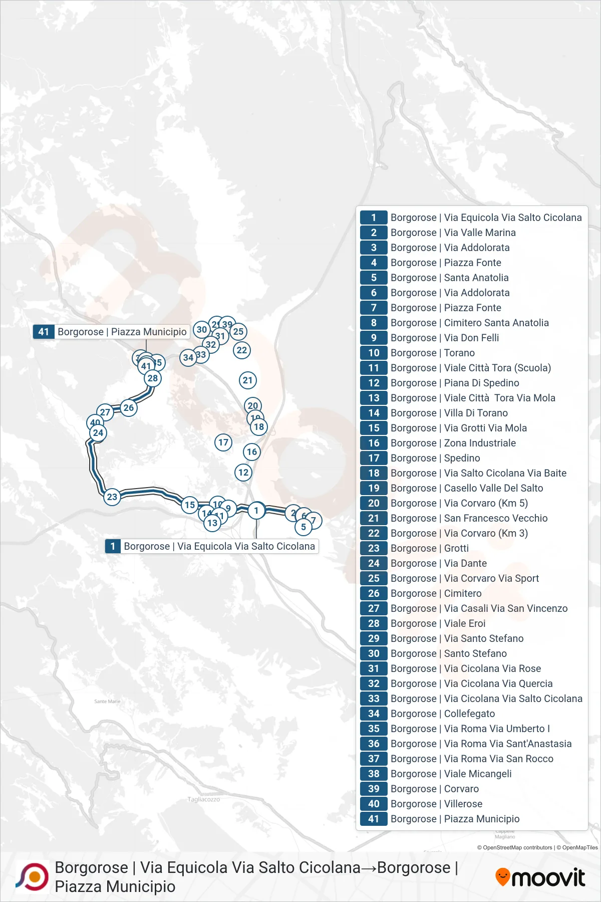 COTRAL bus Line (Borgorose via Equicola Via Salto Cicolana→Borgorose City Hall Square) route and stops on a map