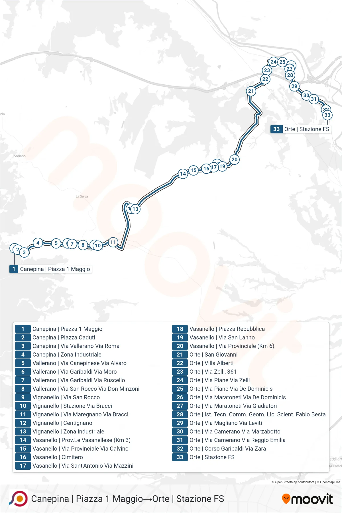 Linea COTRAL bus (Canepina | Piazza 1 Maggio→Orte | Stazione FS) - Percorsi e fermate sulla mappa