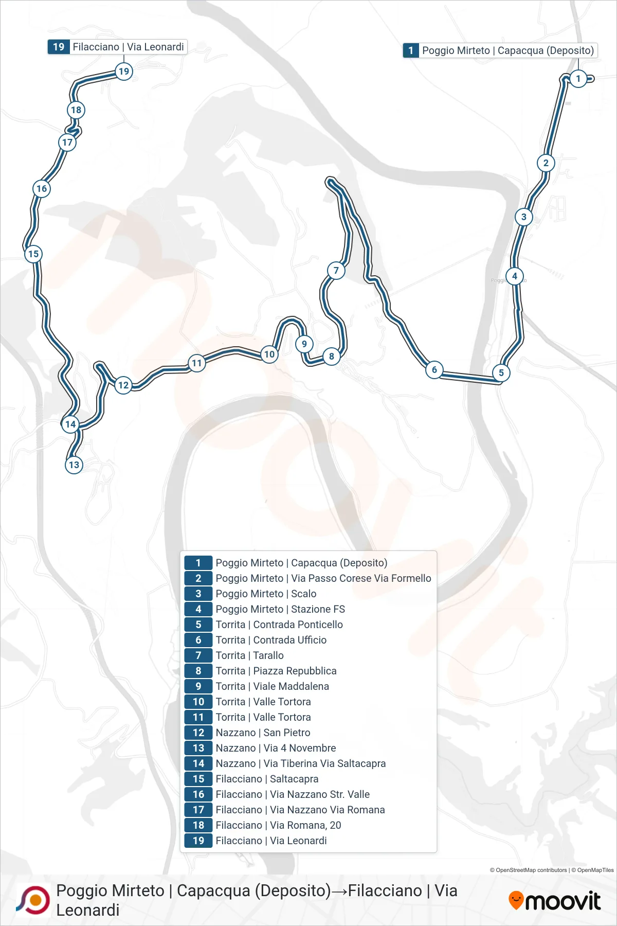 Linea COTRAL bus (Poggio Mirteto | Capacqua (Deposito)→Filacciano | Via Leonardi) - Percorsi e fermate sulla mappa