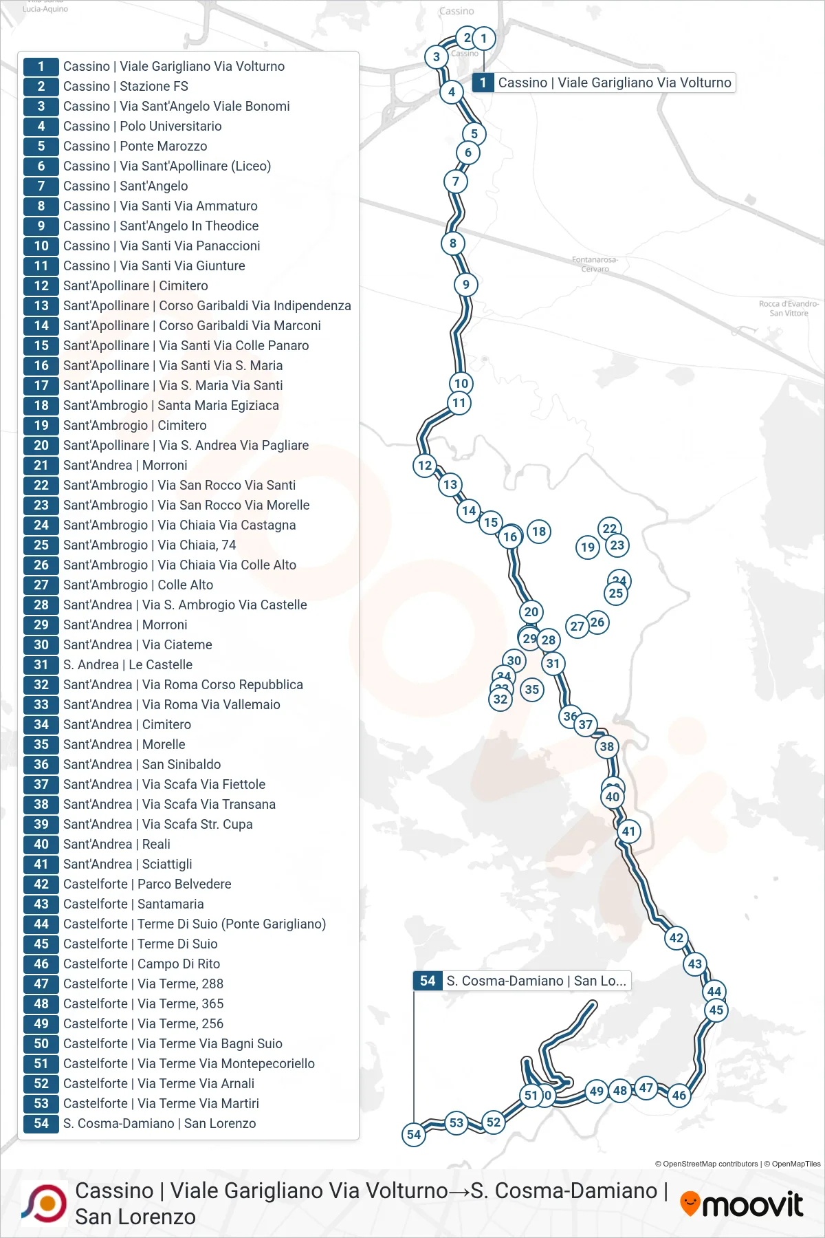 Linea COTRAL bus (Cassino | Viale Garigliano Via Volturno→S. Cosma-Damiano | San Lorenzo) - Percorsi e fermate sulla mappa
