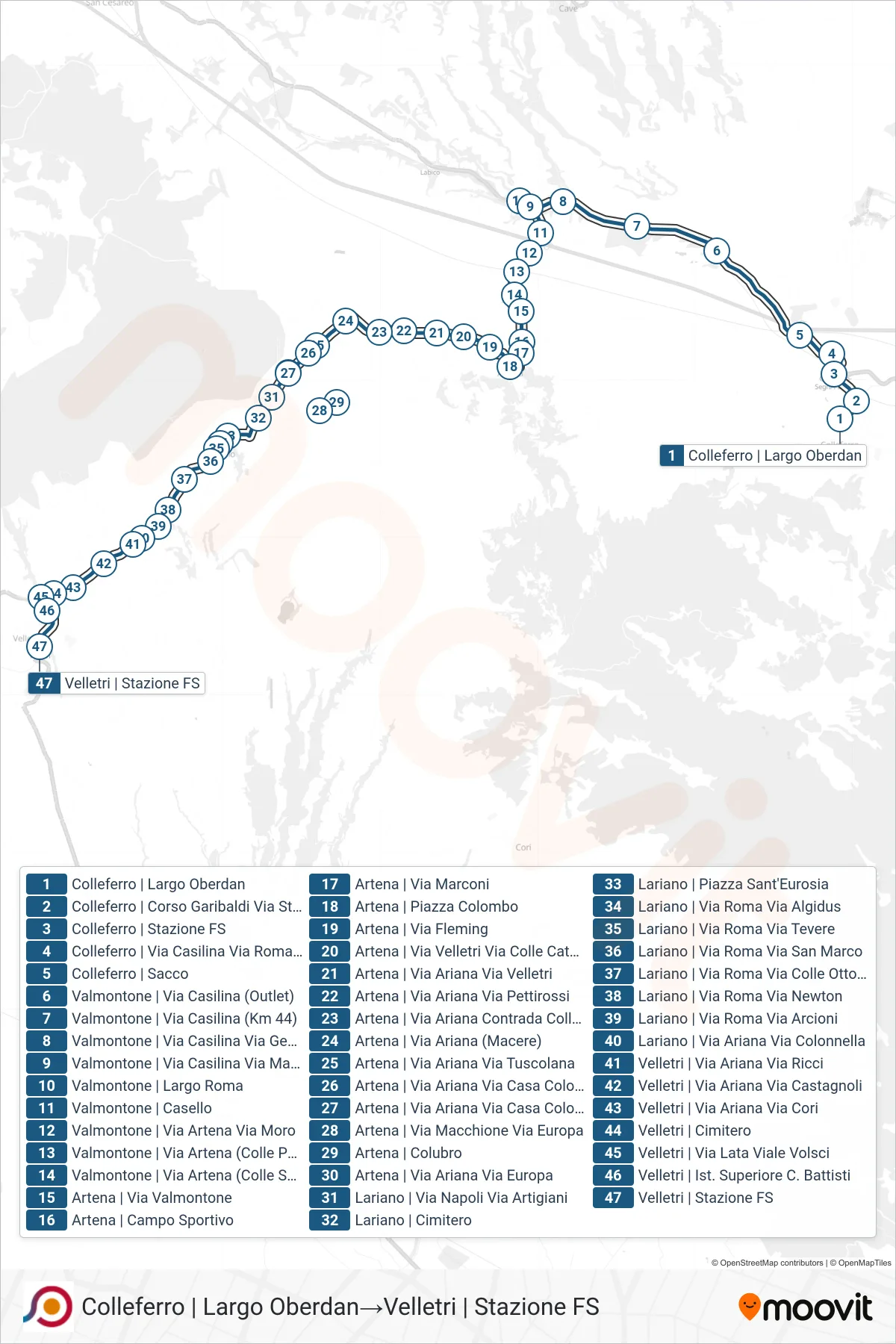 Linea COTRAL bus (Colleferro | Largo Oberdan→Velletri | Stazione FS) - Percorsi e fermate sulla mappa