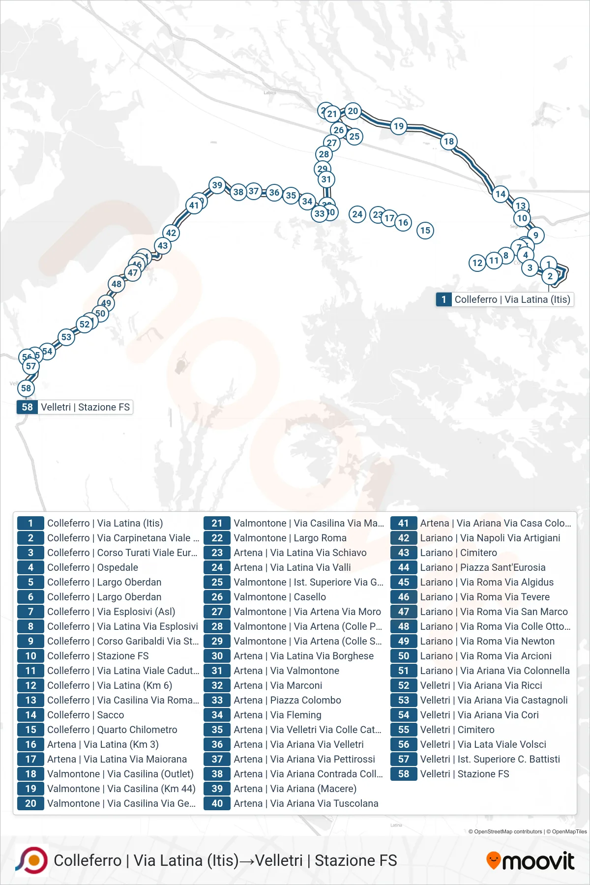 Linea COTRAL bus (Colleferro | Via Latina (Itis)→Velletri | Stazione FS) - Percorsi e fermate sulla mappa