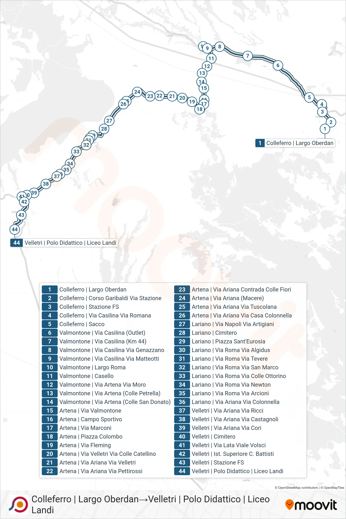 Linea COTRAL  bus (Colleferro | Largo Oberdan‎→Velletri | Polo Didattico | Liceo Landi) - Percorsi e fermate sulla mappa