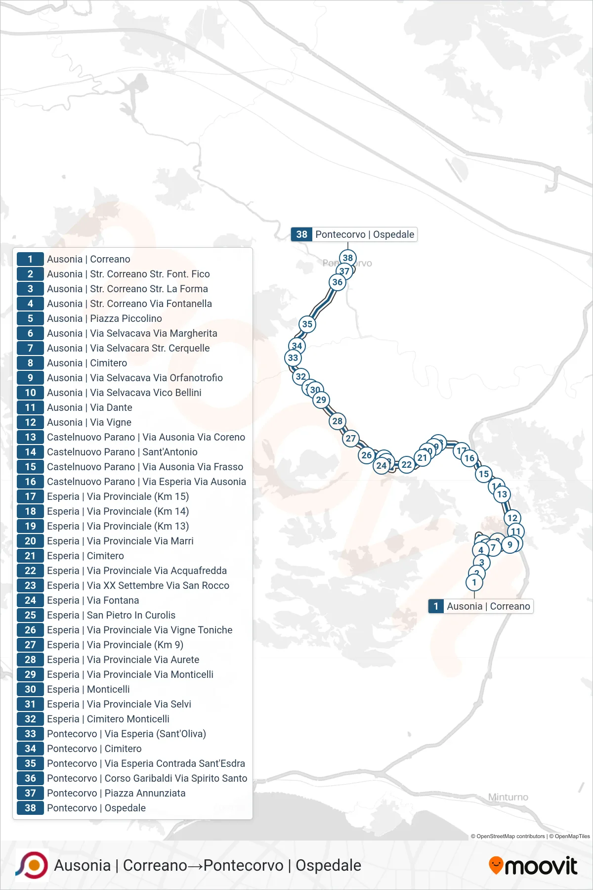 Linea COTRAL bus (Ausonia | Correano→Pontecorvo | Ospedale) - Percorsi e fermate sulla mappa