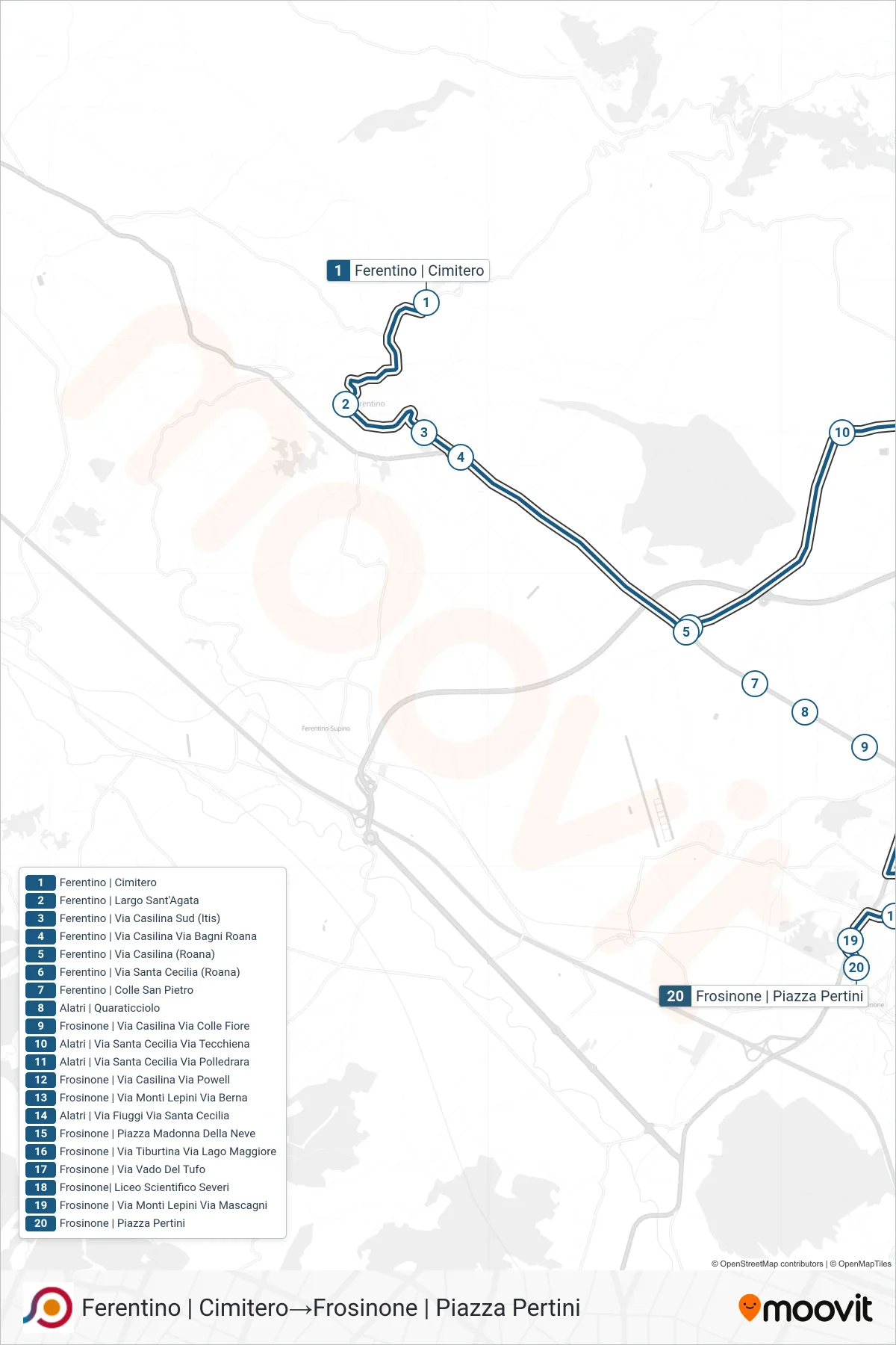 Linea COTRAL bus (Ferentino | Cimitero→Frosinone | Piazza Pertini) - Percorsi e fermate sulla mappa