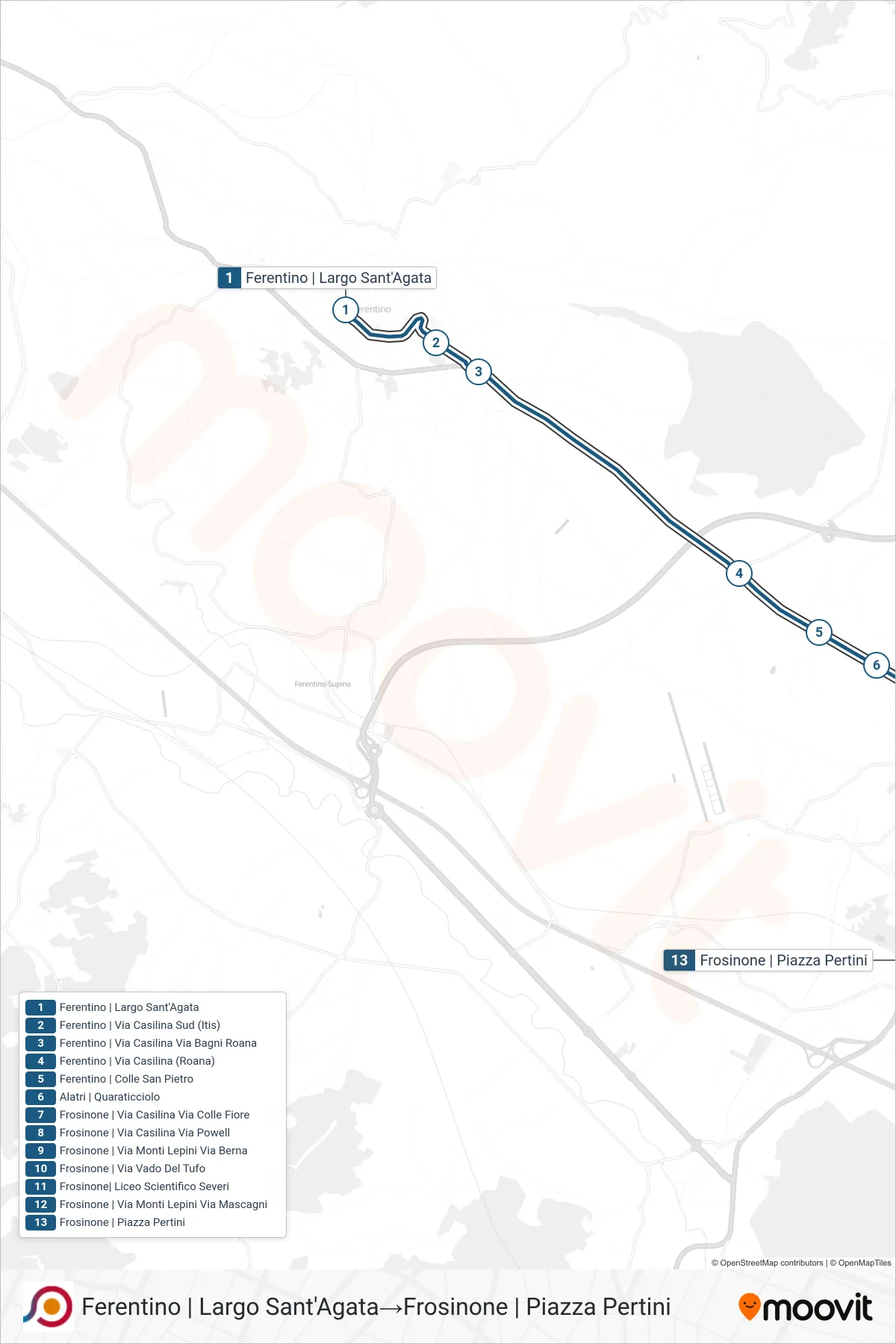 Linea COTRAL bus (Ferentino | Largo Sant'Agata→Frosinone | Piazza Pertini) - Percorsi e fermate sulla mappa