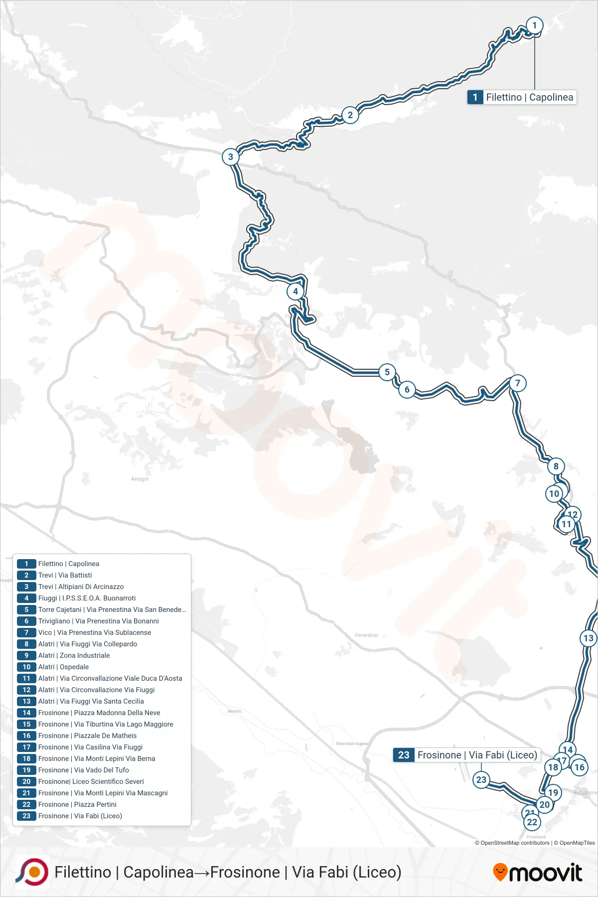 Linea COTRAL  bus (Filettino | Capolinea‎→Frosinone | Via Fabi (Liceo)) - Percorsi e fermate sulla mappa