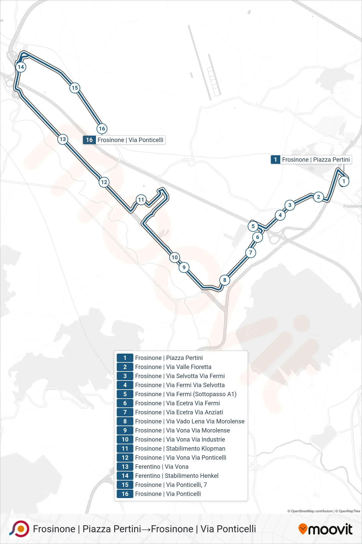 Linea COTRAL bus (Frosinone | Piazza Pertini→Frosinone | Via Ponticelli) - Percorsi e fermate sulla mappa