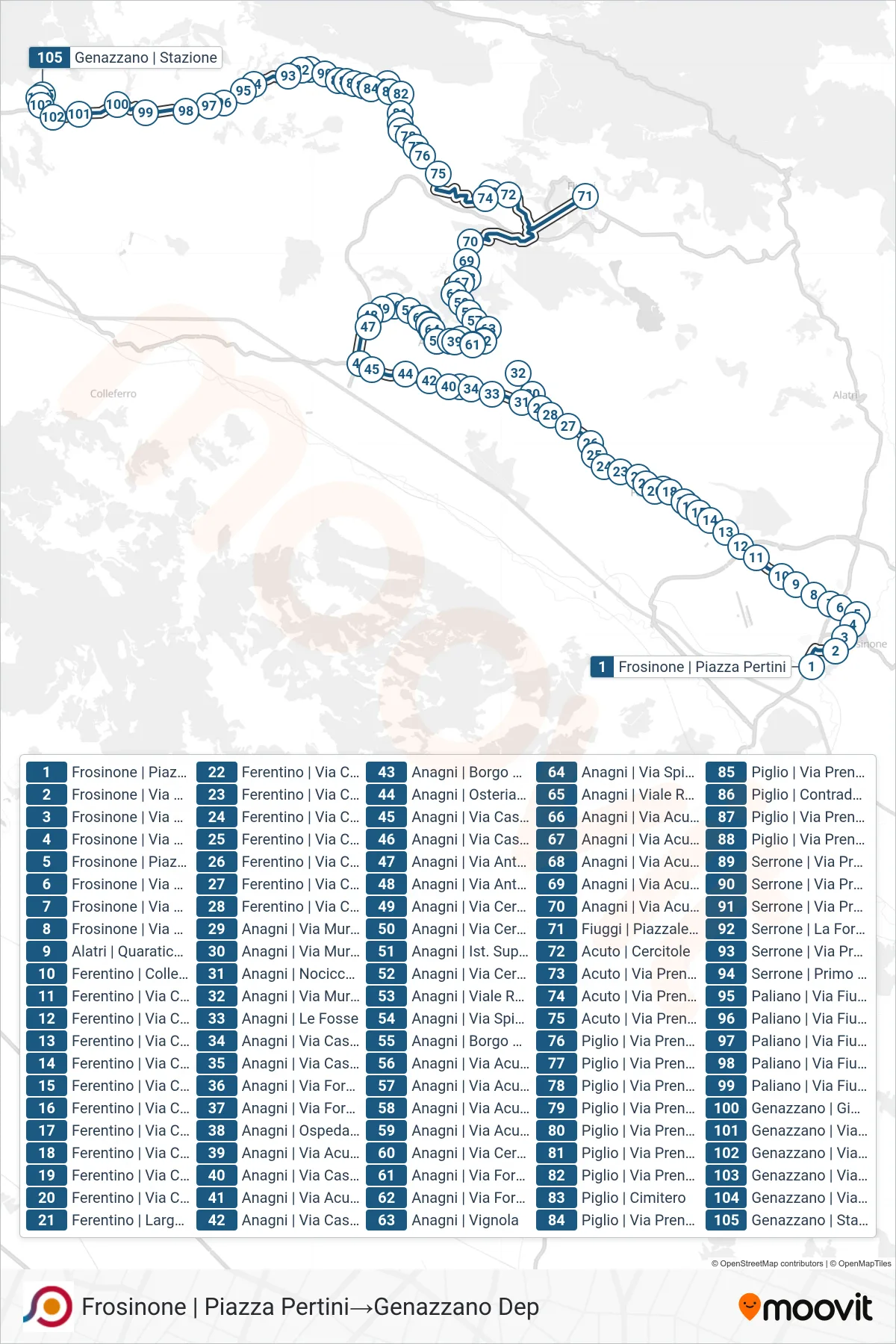 Linea COTRAL bus (Frosinone | Piazza Pertini→Genazzano Dep) - Percorsi e fermate sulla mappa