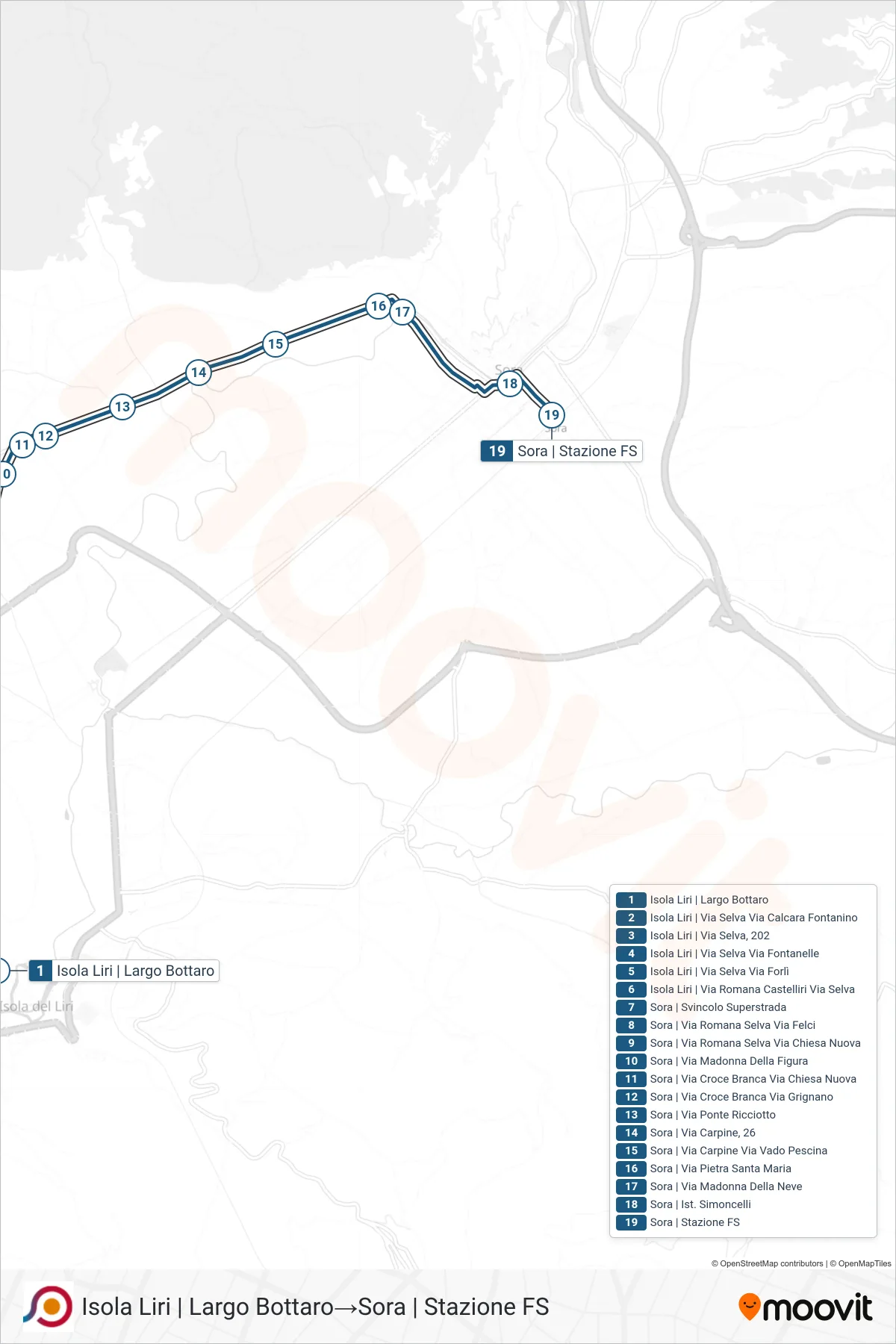 Linea COTRAL bus (Isola Liri | Largo Bottaro→Sora | Stazione FS) - Percorsi e fermate sulla mappa