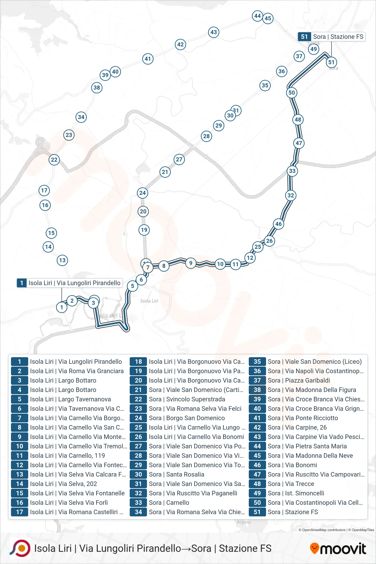 Linea COTRAL bus (Isola Liri | Via Lungoliri Pirandello→Sora | Stazione FS) - Percorsi e fermate sulla mappa