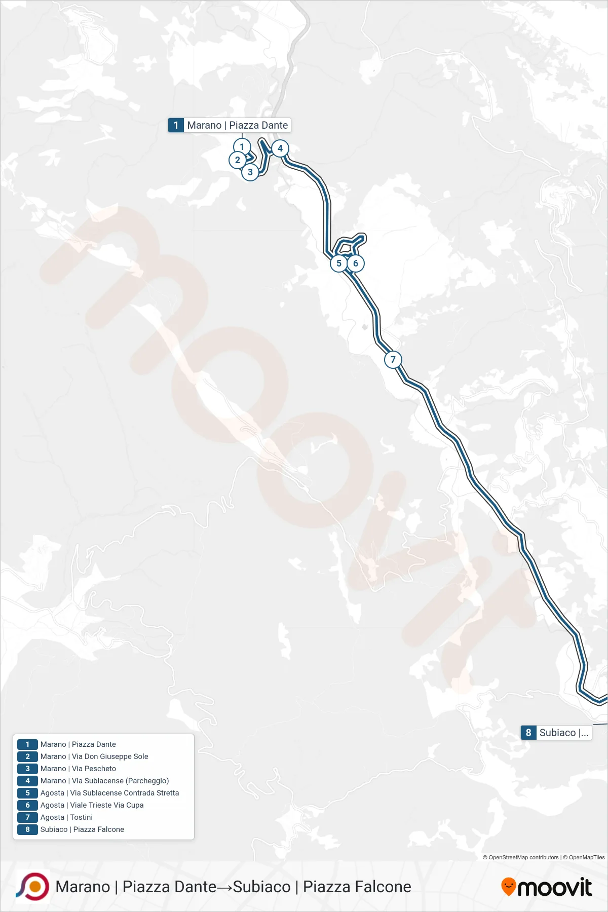 Linea COTRAL bus (Marano | Piazza Dante→Subiaco | Piazza Falcone) - Percorsi e fermate sulla mappa