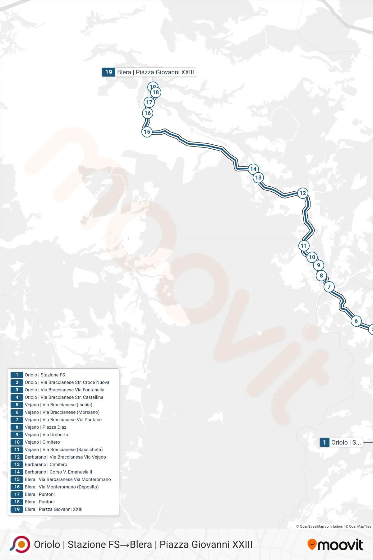 Linea COTRAL  bus (Oriolo | Stazione FS‎→Blera | Piazza Giovanni XXIII) - Percorsi e fermate sulla mappa