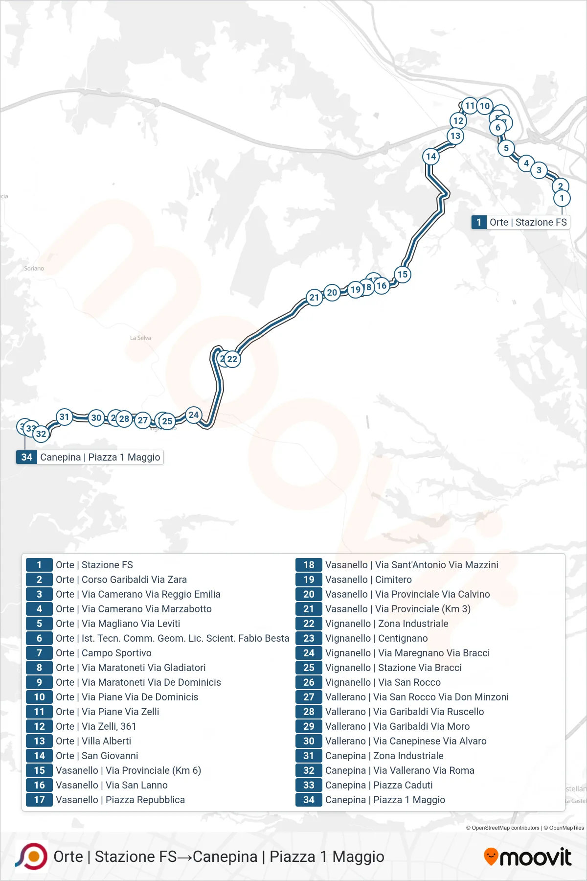 Linea COTRAL bus (Orte | Stazione FS→Canepina | Piazza 1 Maggio) - Percorsi e fermate sulla mappa