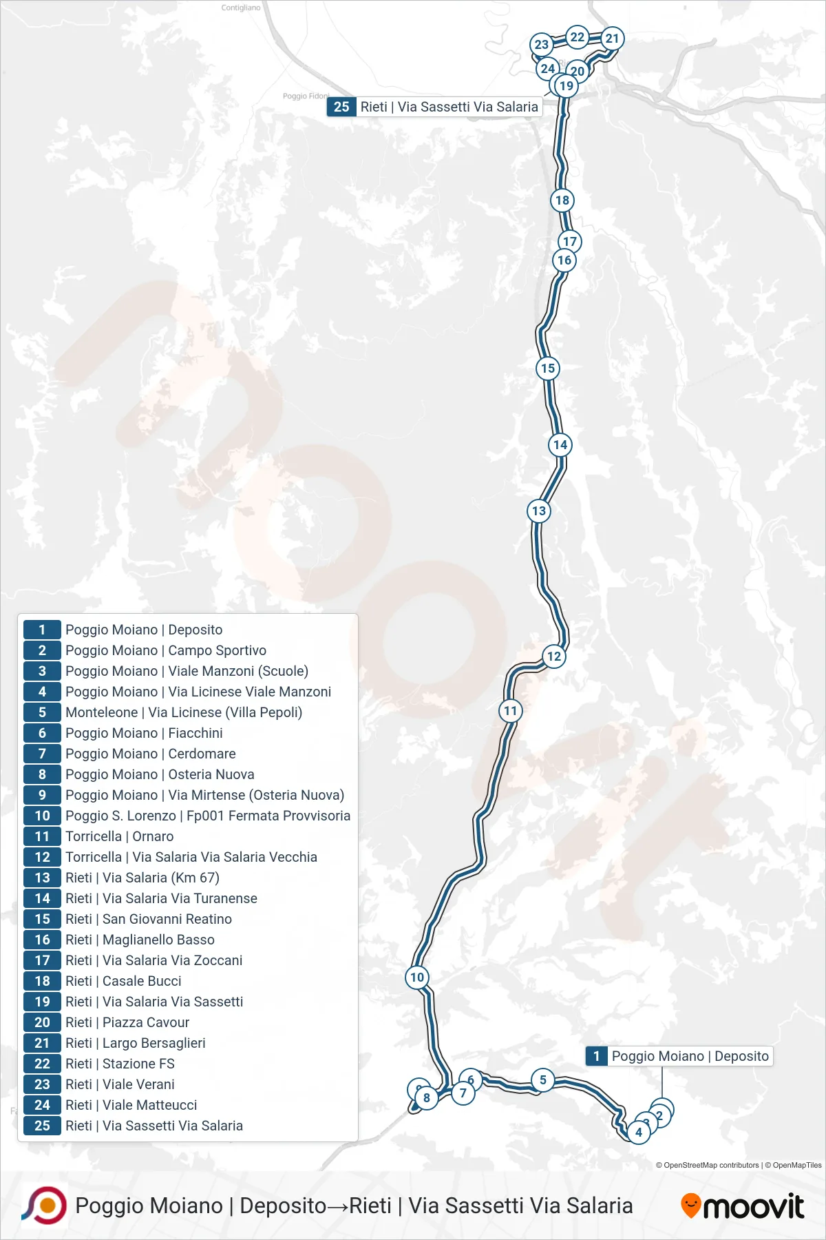 Linea COTRAL bus (Poggio Moiano | Deposito→Rieti | Via Sassetti Via Salaria) - Percorsi e fermate sulla mappa