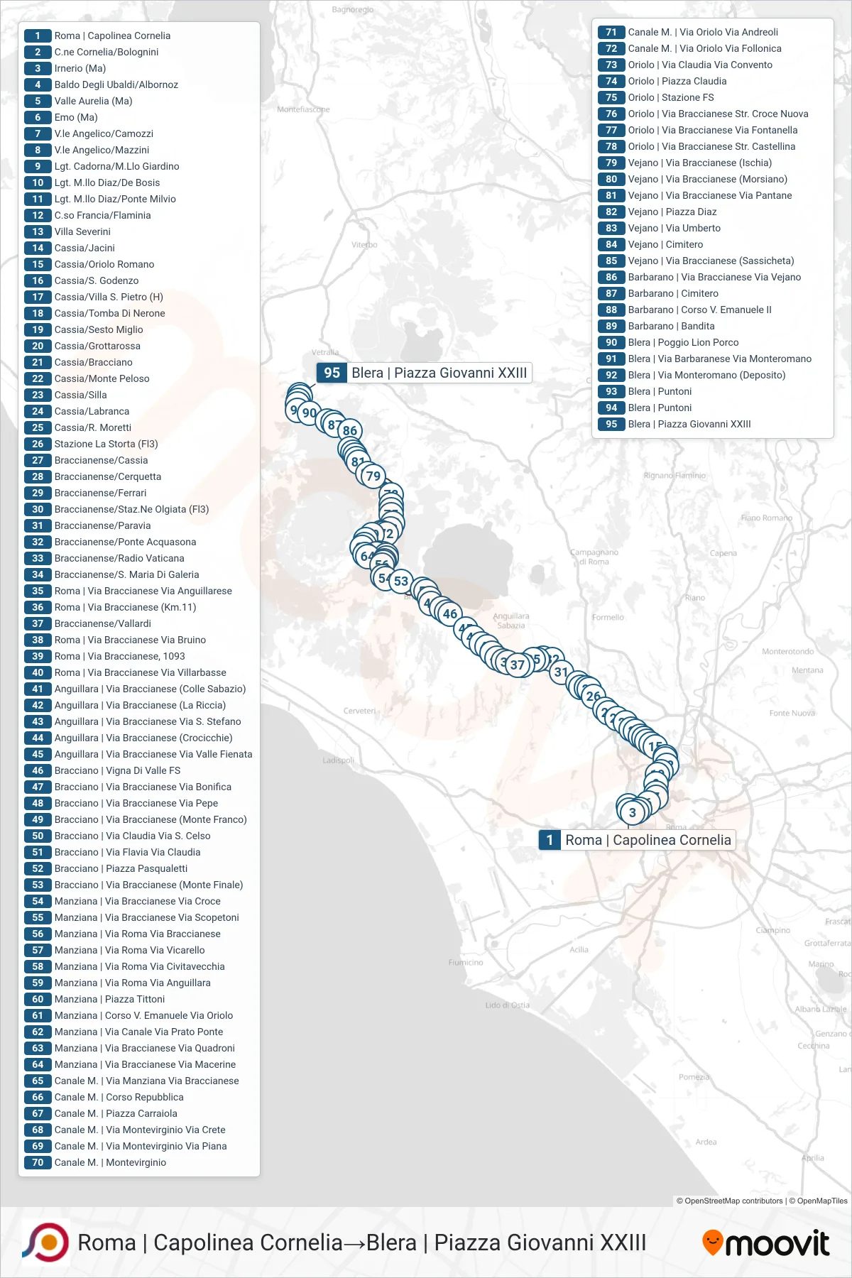Linea COTRAL bus (Roma | Capolinea Cornelia→Blera | Piazza Giovanni XXIII) - Percorsi e fermate sulla mappa