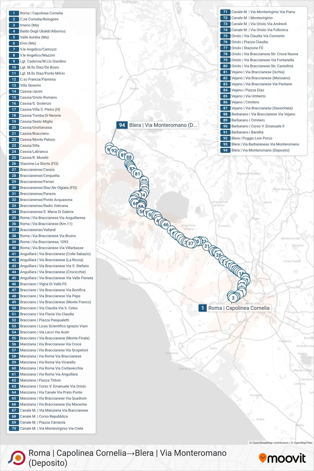 Linea COTRAL  bus (Roma | Capolinea Cornelia‎→Blera | Via Monteromano (Deposito)) - Percorsi e fermate sulla mappa