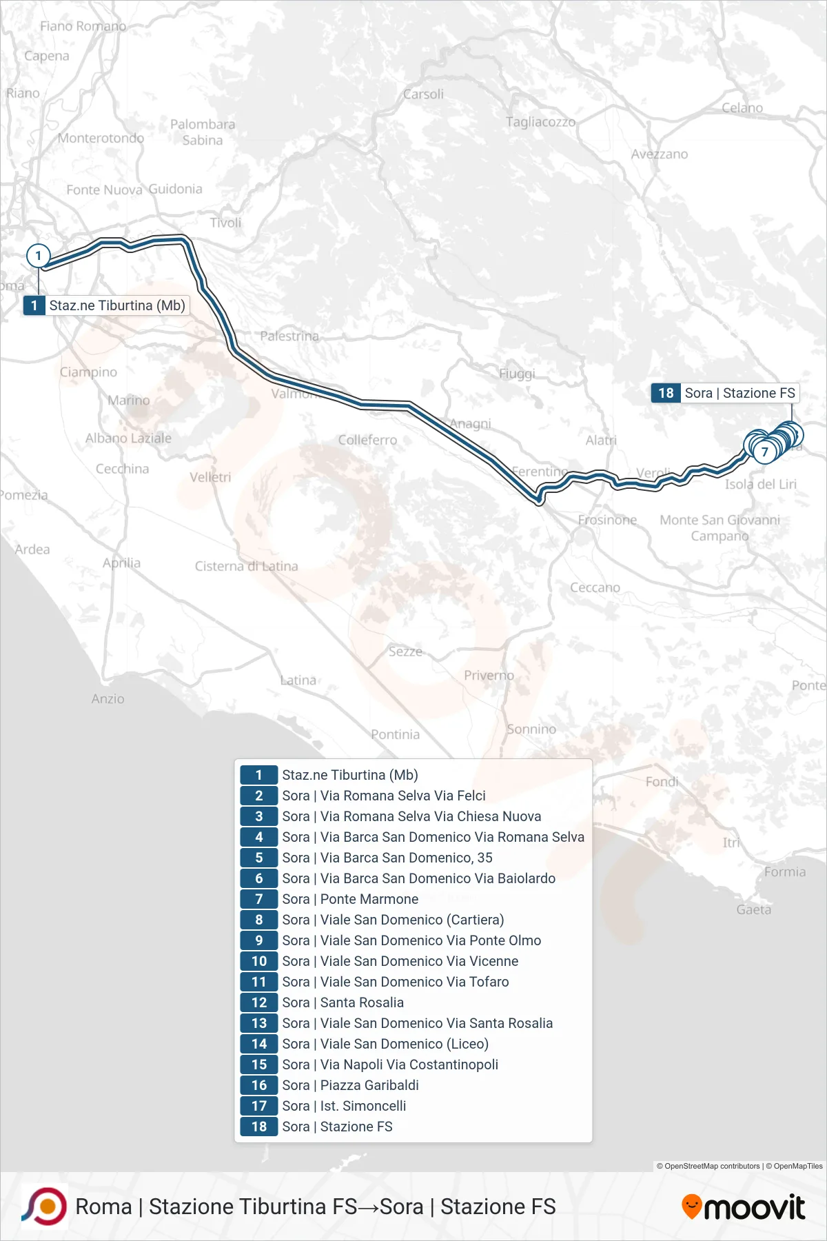 Linea COTRAL bus (Roma | Stazione Tiburtina FS→Sora | Stazione FS) - Percorsi e fermate sulla mappa