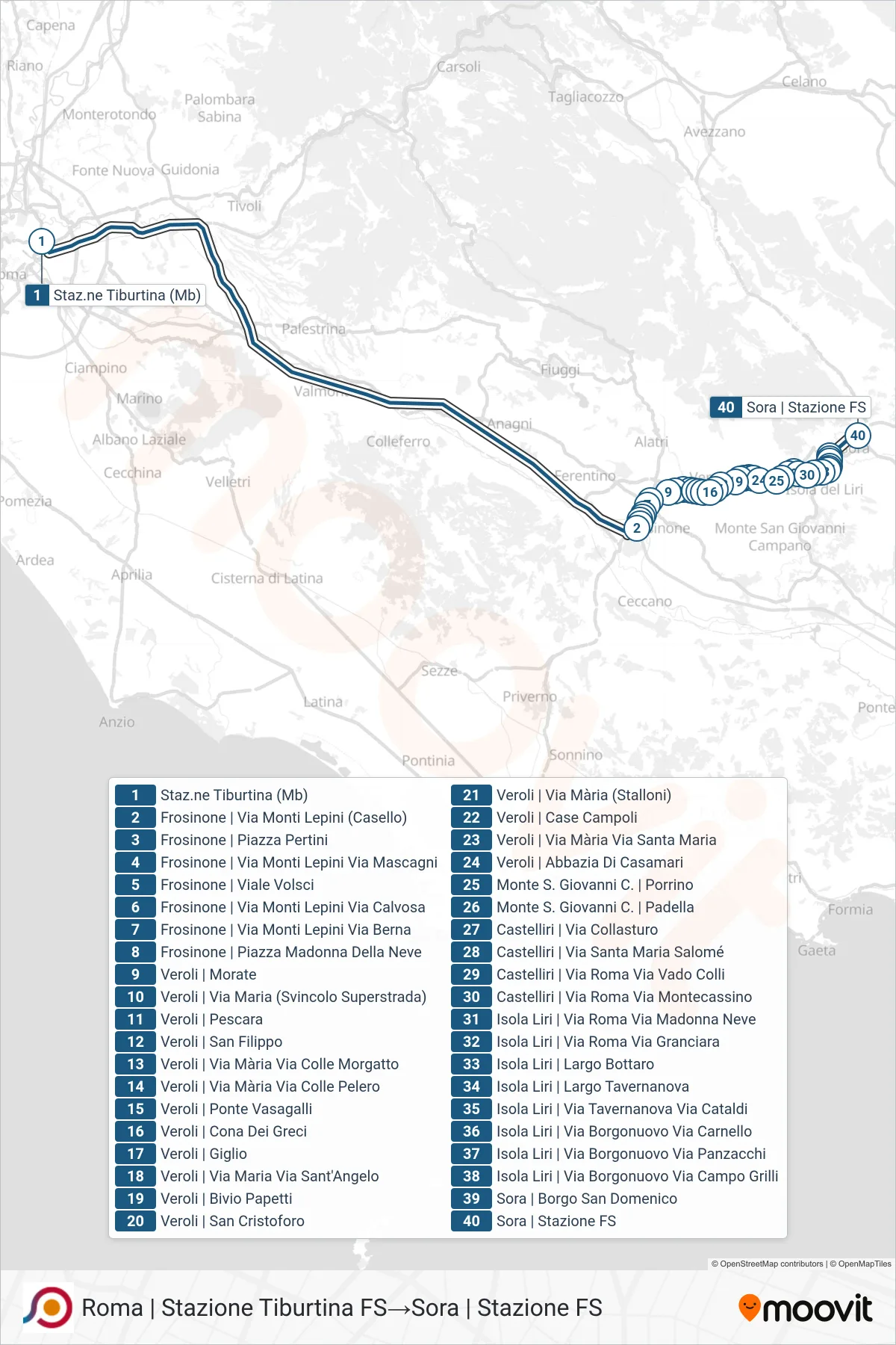 Linea COTRAL bus (Roma | Stazione Tiburtina FS→Sora | Stazione FS) - Percorsi e fermate sulla mappa