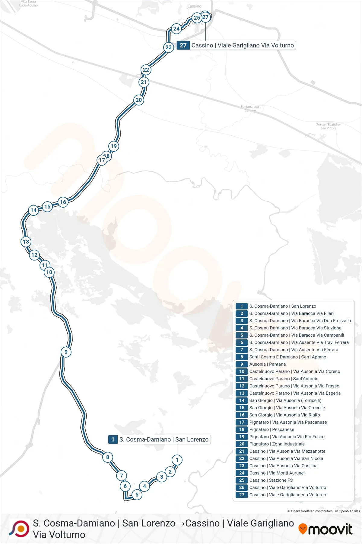 COTRAL bus Line (St. Cosmas-Damian via San Lorenzo→Cassino via Garigliano via Volturno) route and stops on a map