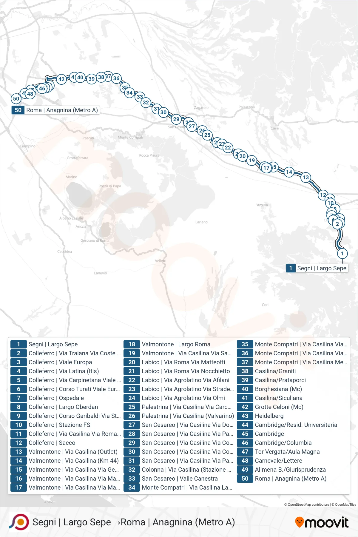 Linea COTRAL bus (Segni | Largo Sepe→Roma | Anagnina (Metro A)) - Percorsi e fermate sulla mappa