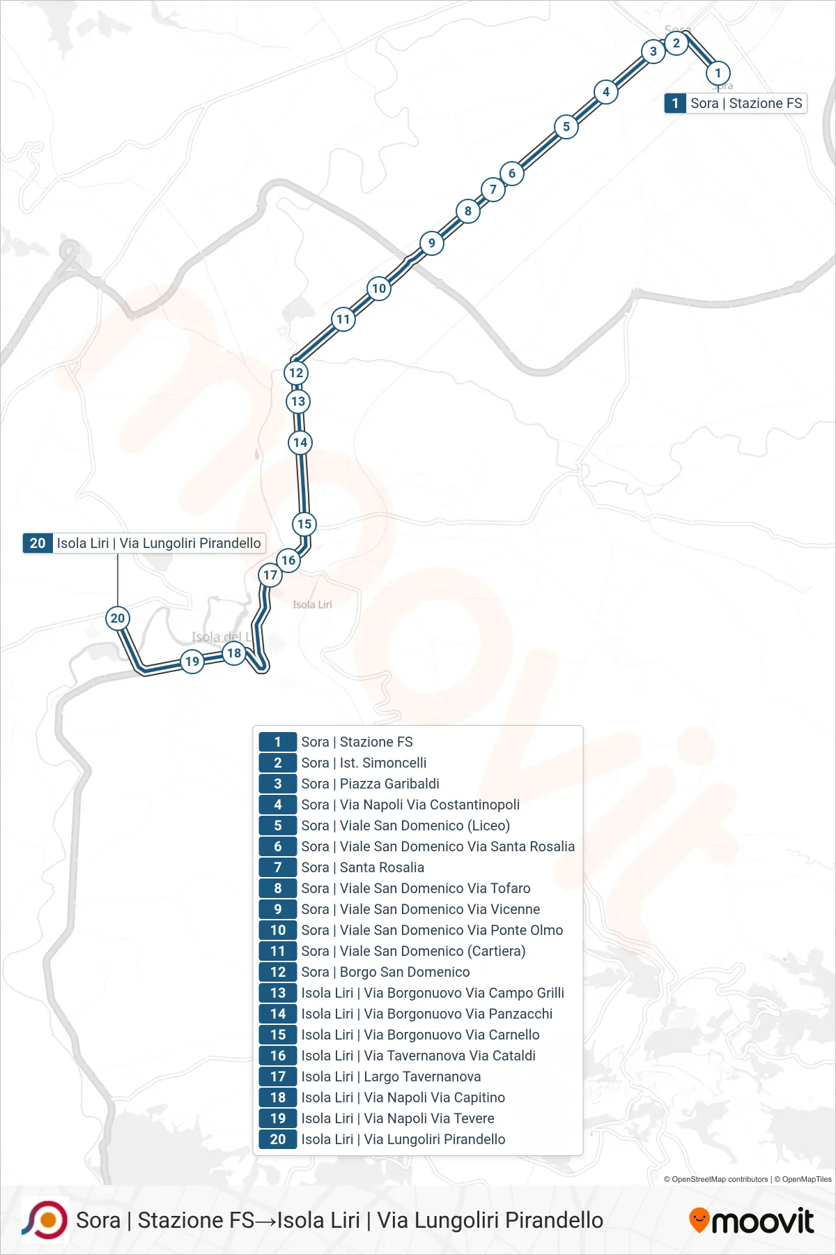 Linea COTRAL bus (Sora | Stazione FS→Isola Liri | Via Lungoliri Pirandello) - Percorsi e fermate sulla mappa