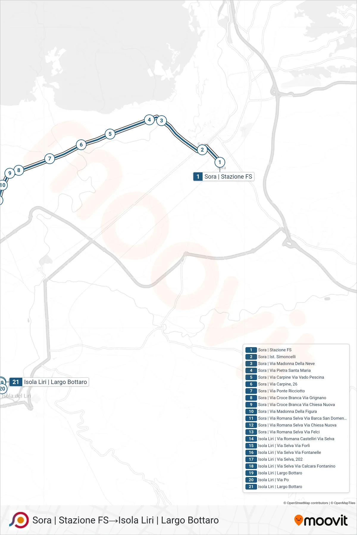 COTRAL bus Line (Sora | Railway Station→Isola Liri | Largo Bottaro) route and stops on a map