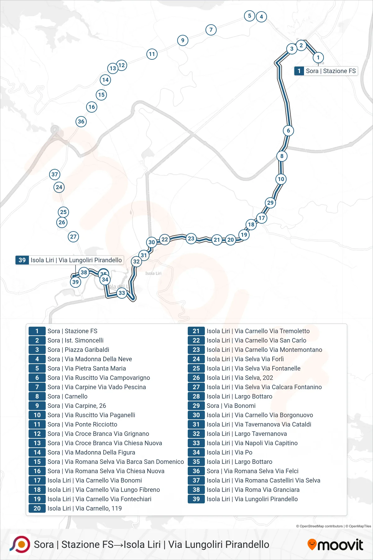 Linea COTRAL bus (Sora | Stazione FS→Isola Liri | Via Lungoliri Pirandello) - Percorsi e fermate sulla mappa