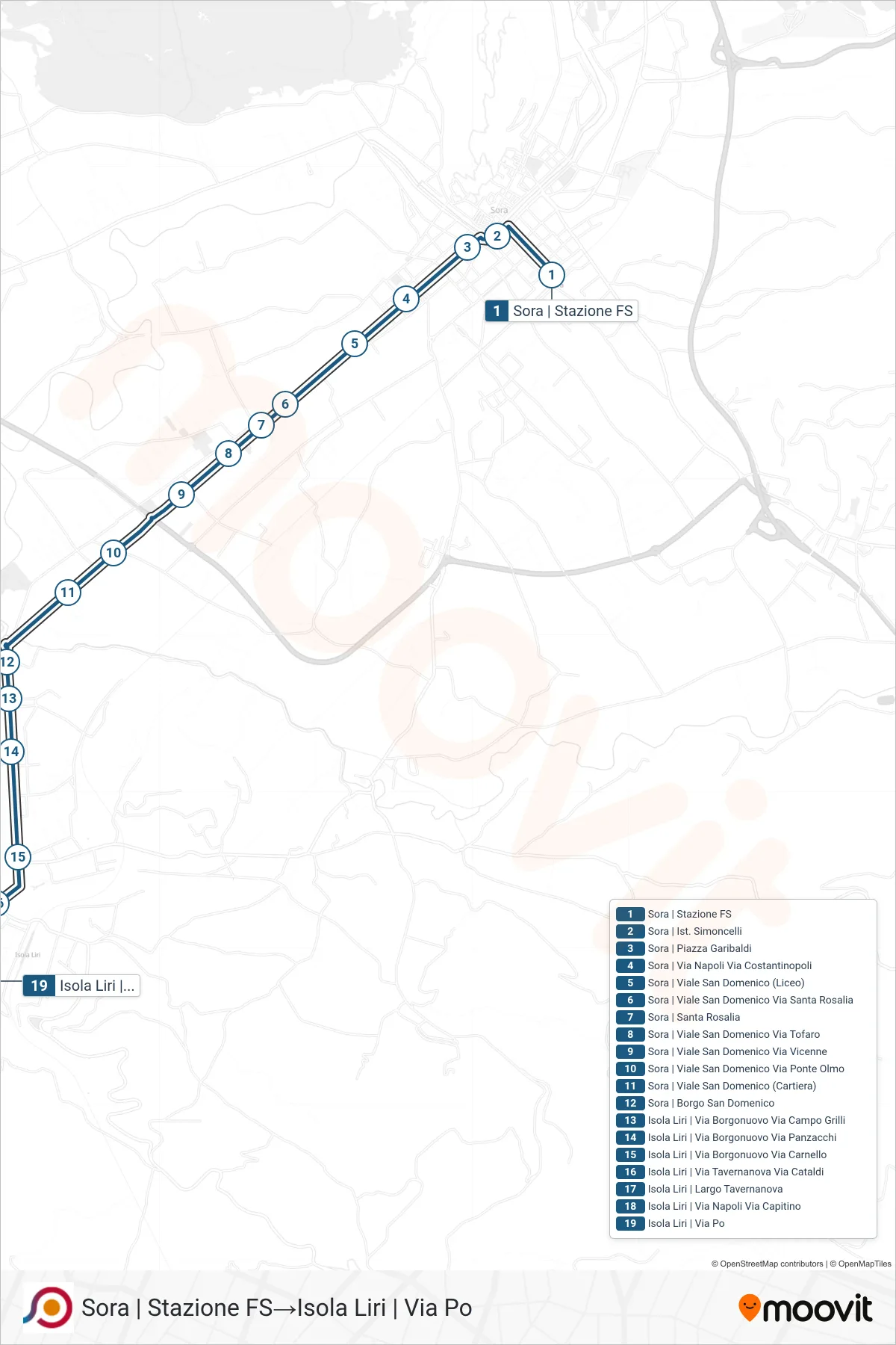 Linea COTRAL bus (Sora | Stazione FS→Isola Liri | Via Po) - Percorsi e fermate sulla mappa