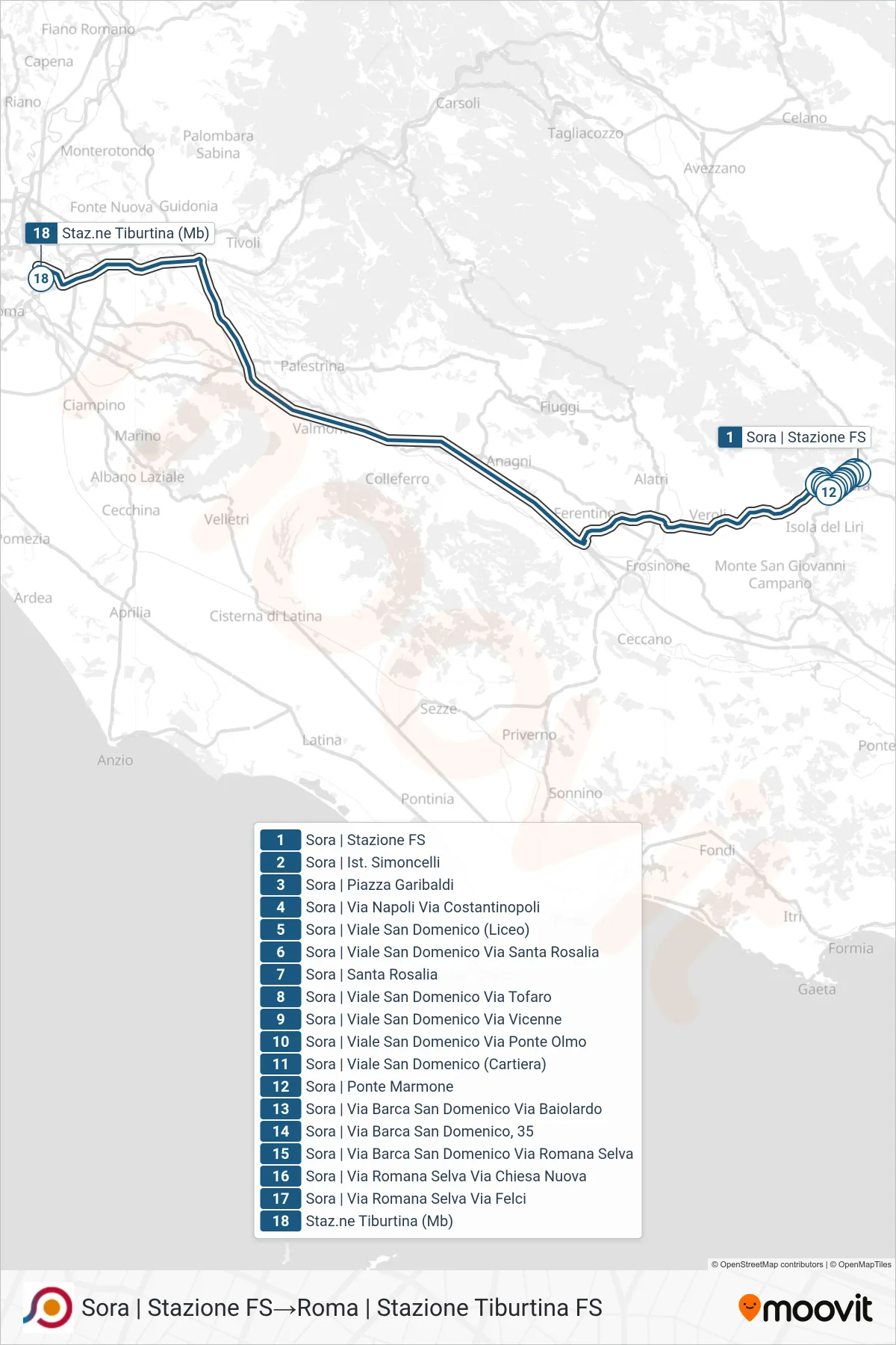 Linea COTRAL bus (Sora | Stazione FS→Roma | Stazione Tiburtina FS) - Percorsi e fermate sulla mappa