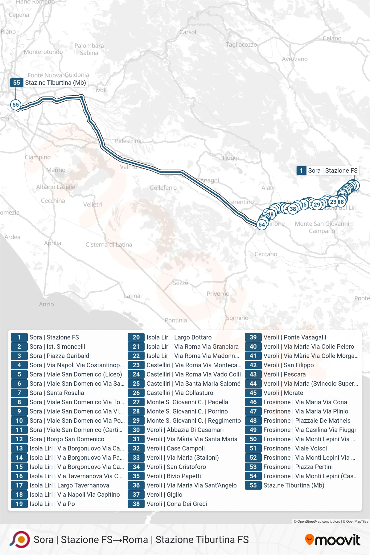 Linea COTRAL bus (Sora | Stazione FS→Roma | Stazione Tiburtina FS) - Percorsi e fermate sulla mappa