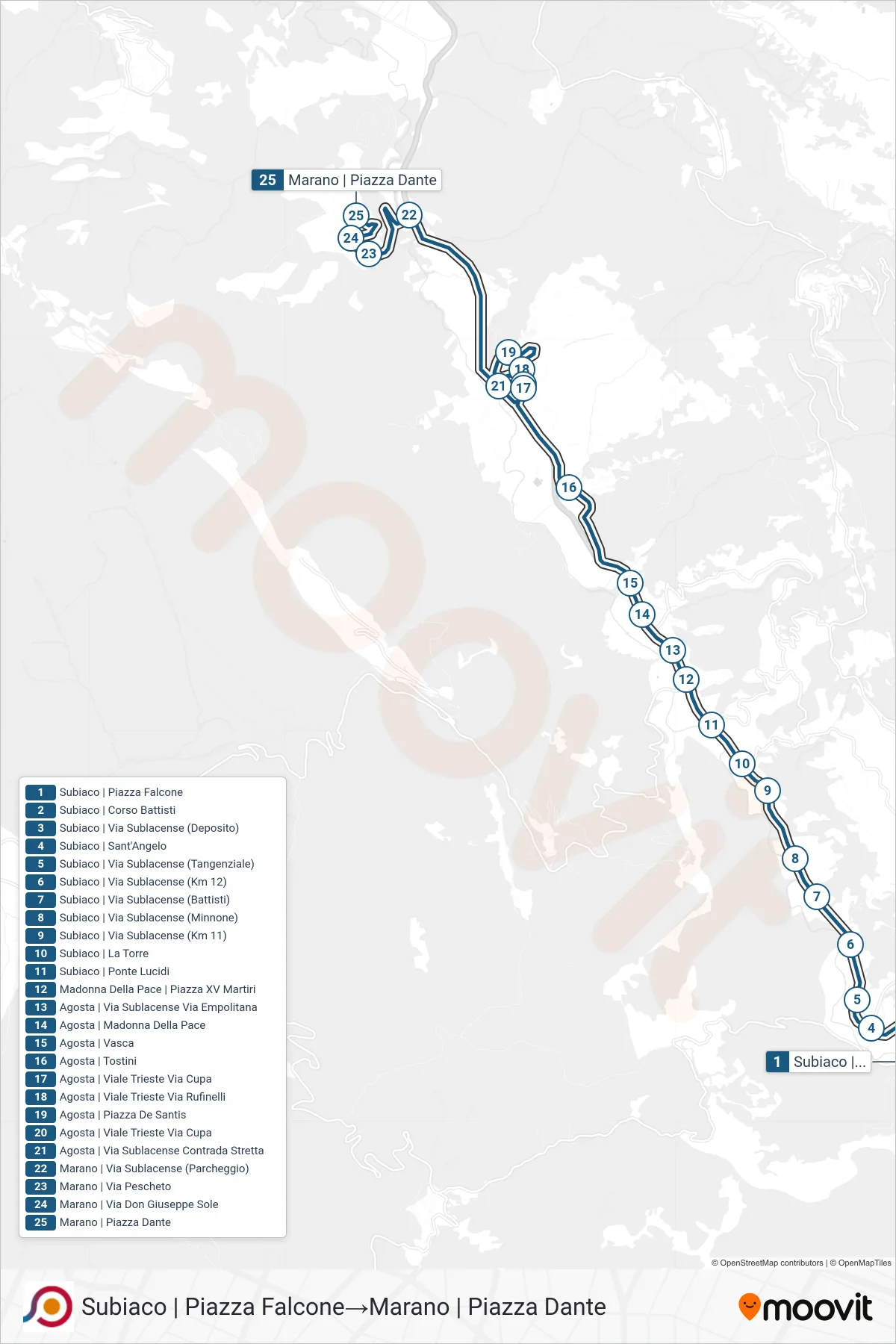 Linea COTRAL bus (Subiaco | Piazza Falcone→Marano | Piazza Dante) - Percorsi e fermate sulla mappa