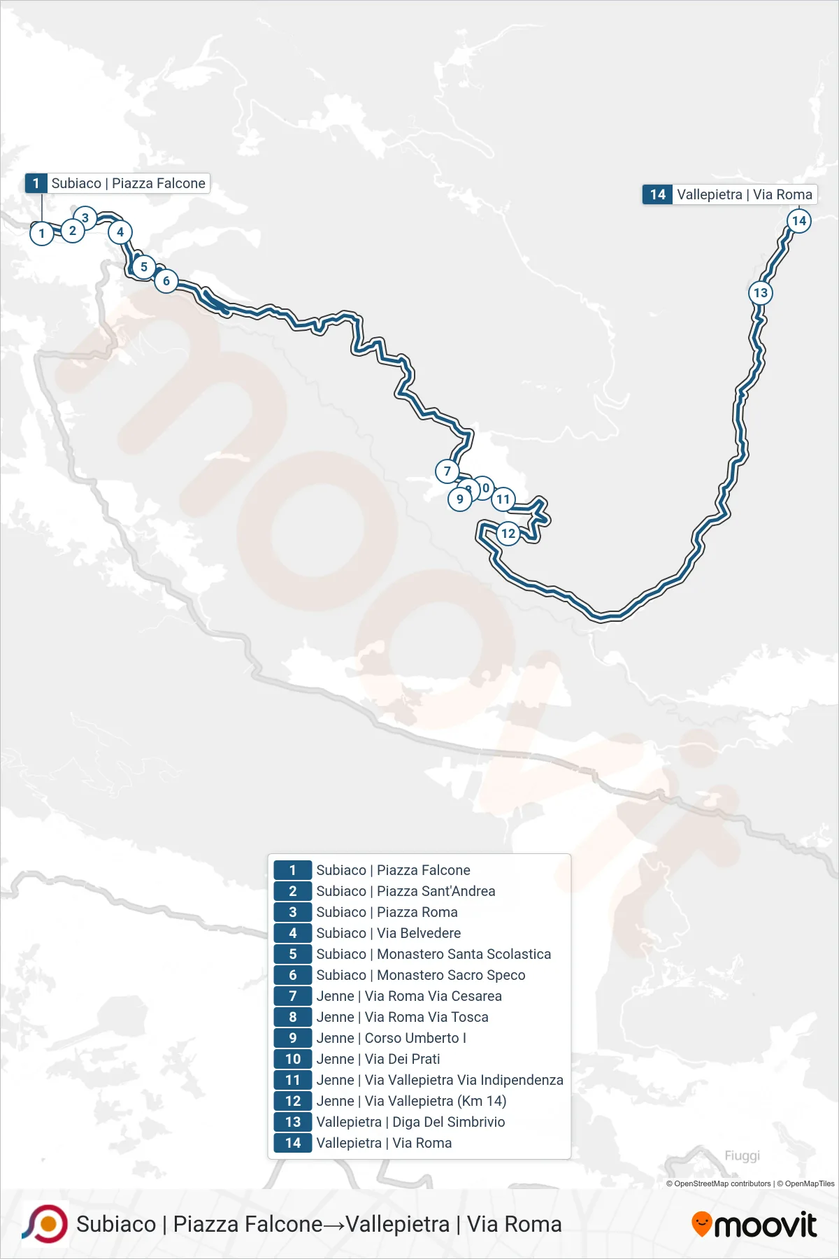 Linea COTRAL bus (Subiaco | Piazza Falcone→Vallepietra | Via Roma) - Percorsi e fermate sulla mappa