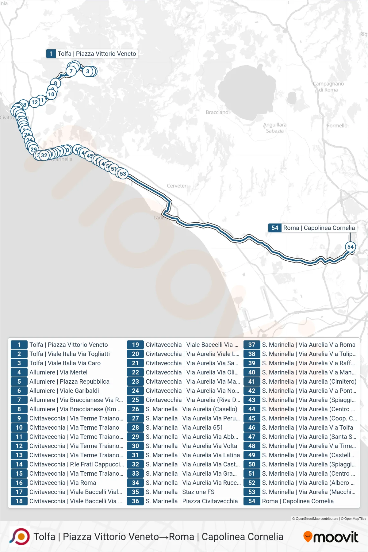 Linea COTRAL bus (Tolfa | Piazza Vittorio Veneto→Roma | Capolinea Cornelia) - Percorsi e fermate sulla mappa