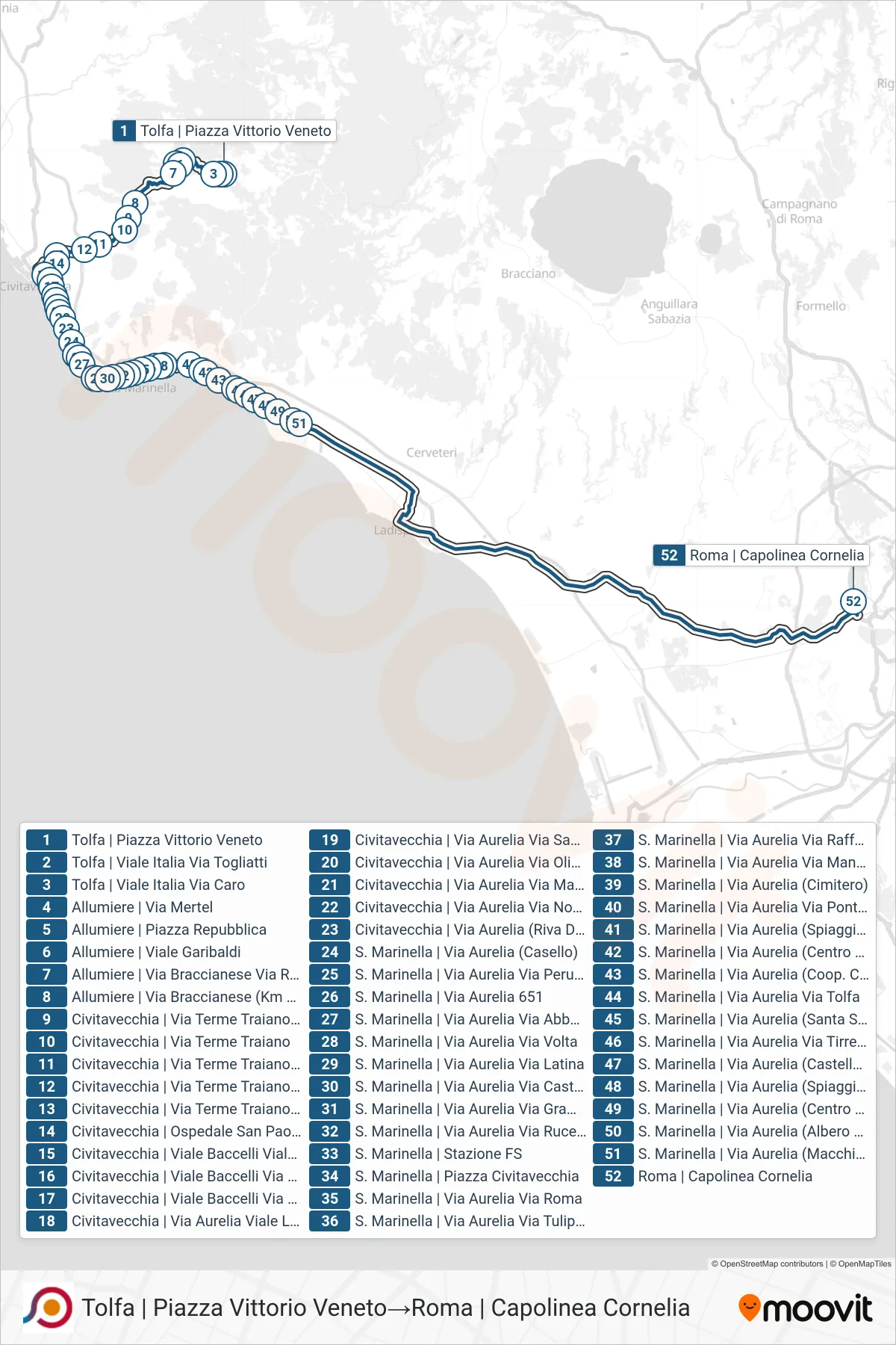 Linea COTRAL bus (Tolfa | Piazza Vittorio Veneto→Roma | Capolinea Cornelia) - Percorsi e fermate sulla mappa
