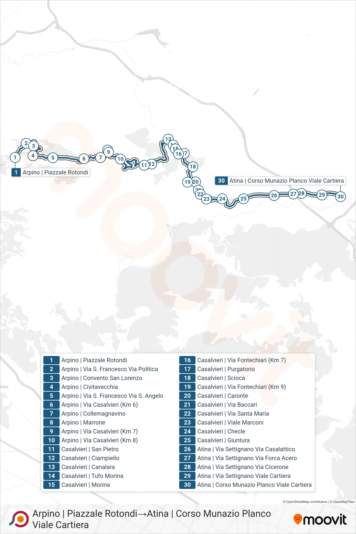 Linea COTRAL bus (Arpino | Piazzale Rotondi→Atina | Corso Munazio Planco Viale Cartiera) - Percorsi e fermate sulla mappa