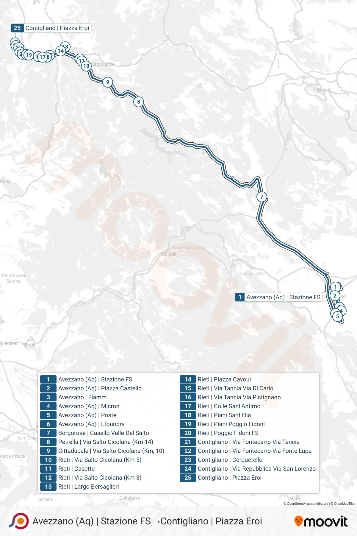 Linea COTRAL bus (Avezzano (Aq) | Stazione FS→Contigliano | Piazza Eroi) - Percorsi e fermate sulla mappa