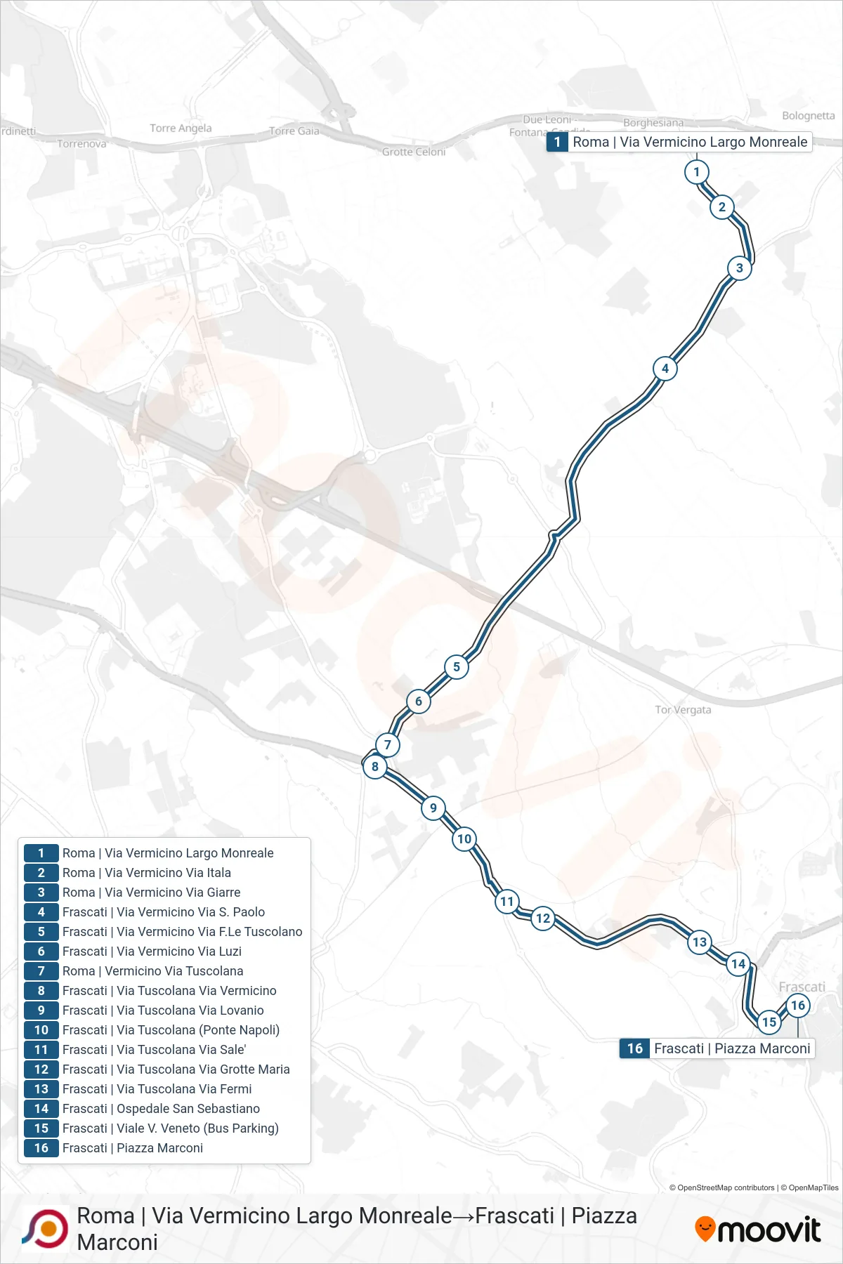 Linea COTRAL bus (Roma | Via Vermicino Largo Monreale→Frascati | Piazza Marconi) - Percorsi e fermate sulla mappa